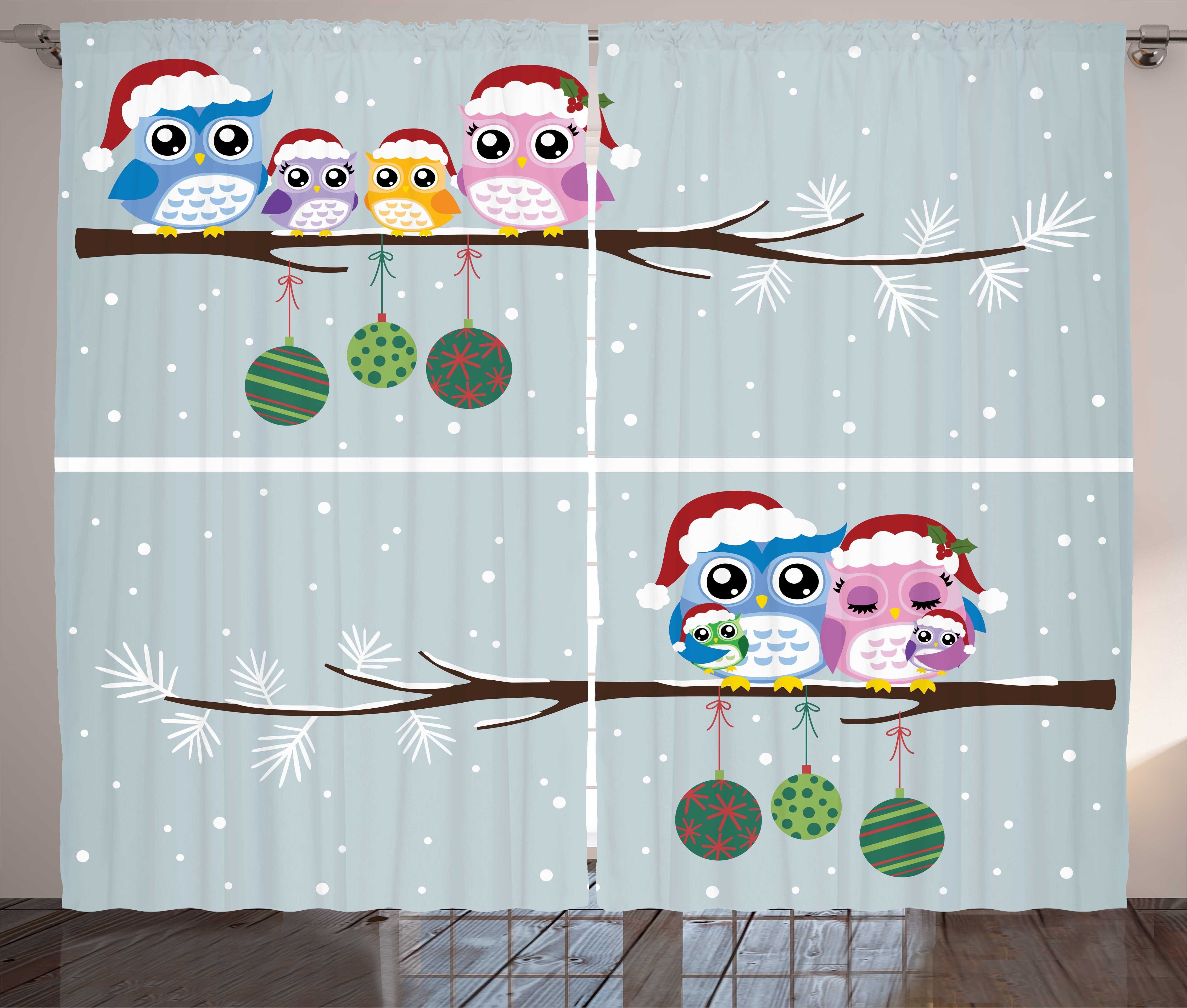 Gardine Schlafzimmer Kräuselband Vorhang mit Schlaufen und Haken, Abakuhaus, Eule Weihnachtsfamilie auf Baum