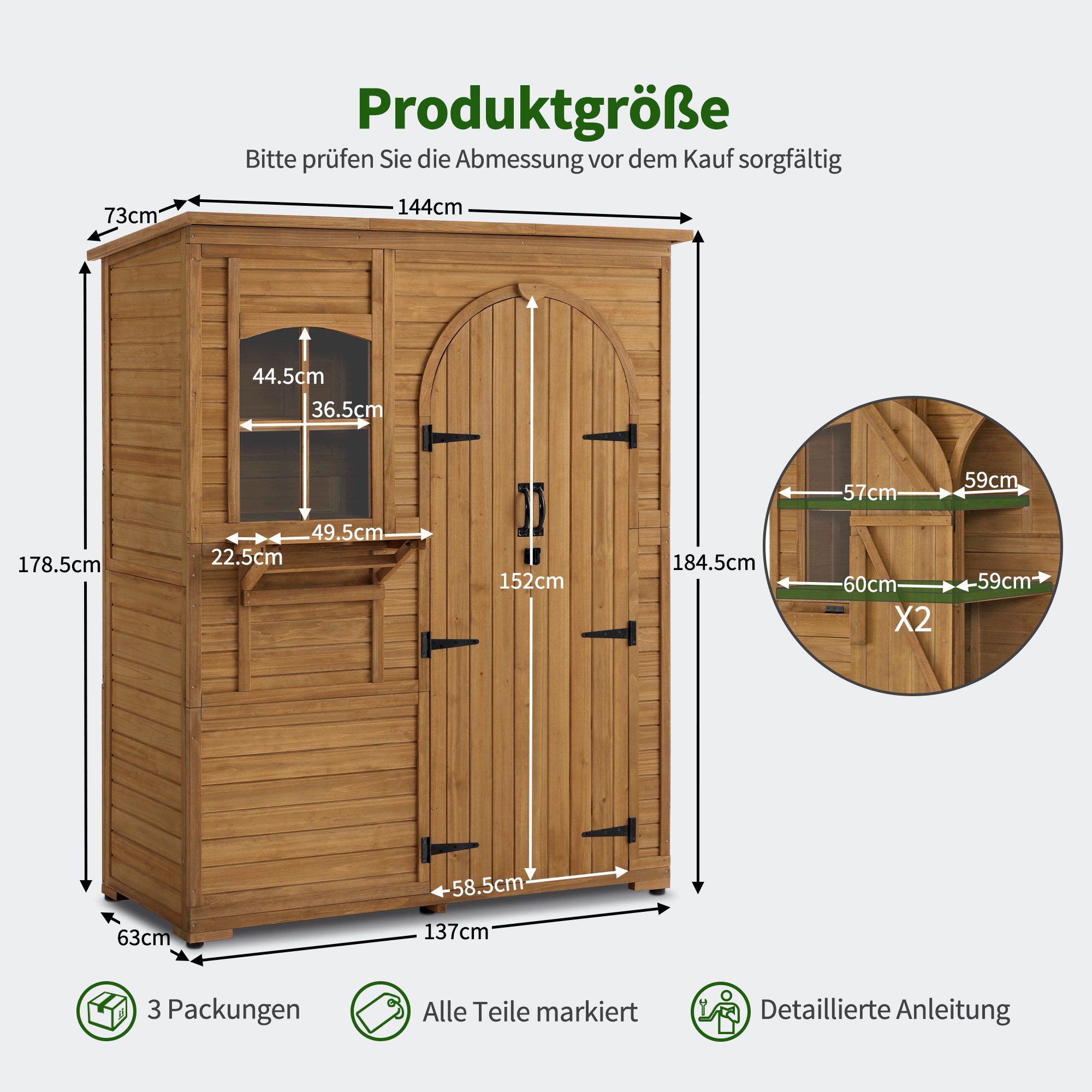 MCombo Gerätehaus M MCombo Gartenschrank Geräteschuppen Holz, 0926, Gartenhaus Outdoor Aufbewahrungsschrank mit 3 Regale Wetterfes – Bild 3 von 5
