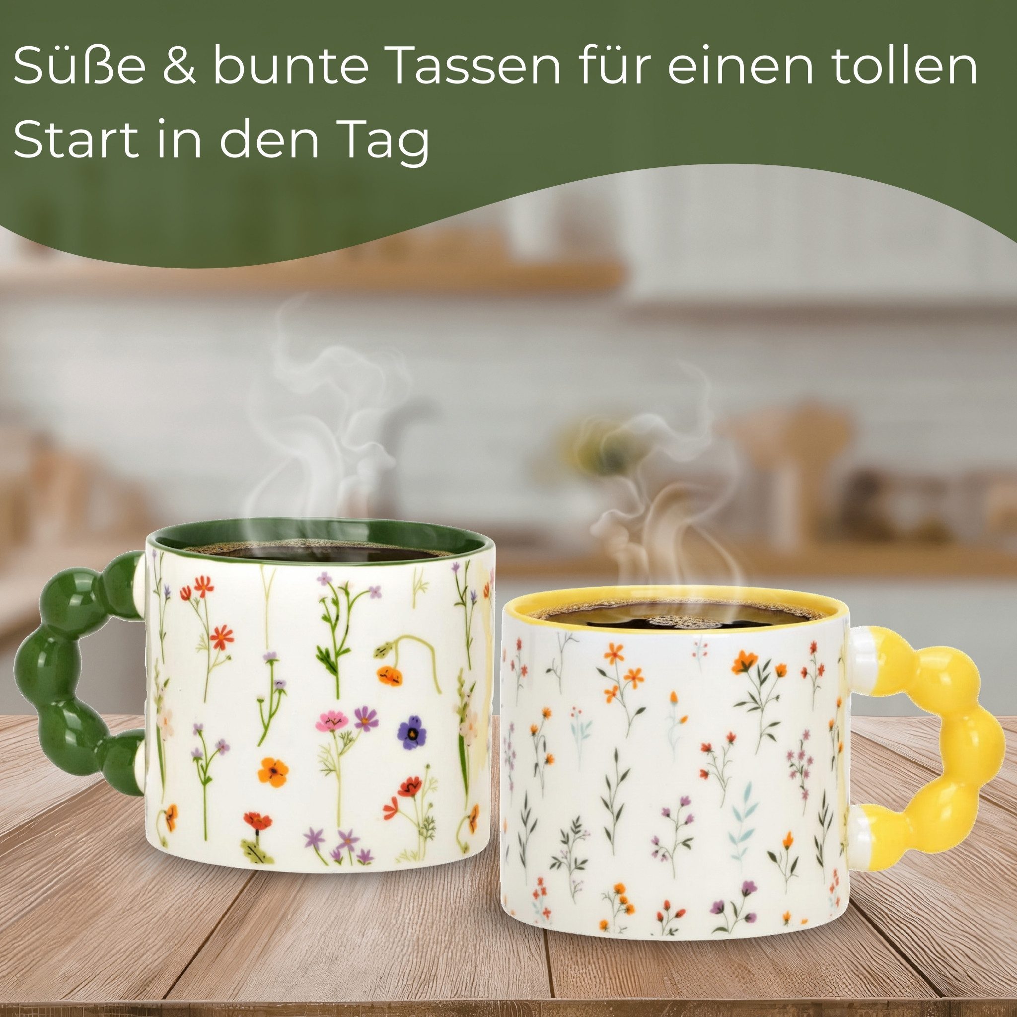 matches21 HOME & HOBBY Tasse Kaffeetassen 3er Set mit Blumen Dekor, 360 ml Porzellanbecher, 3-tlg., Porzellan, Moderne Dopamine Designertasse in Pastellfarben – Bild 4 von 5