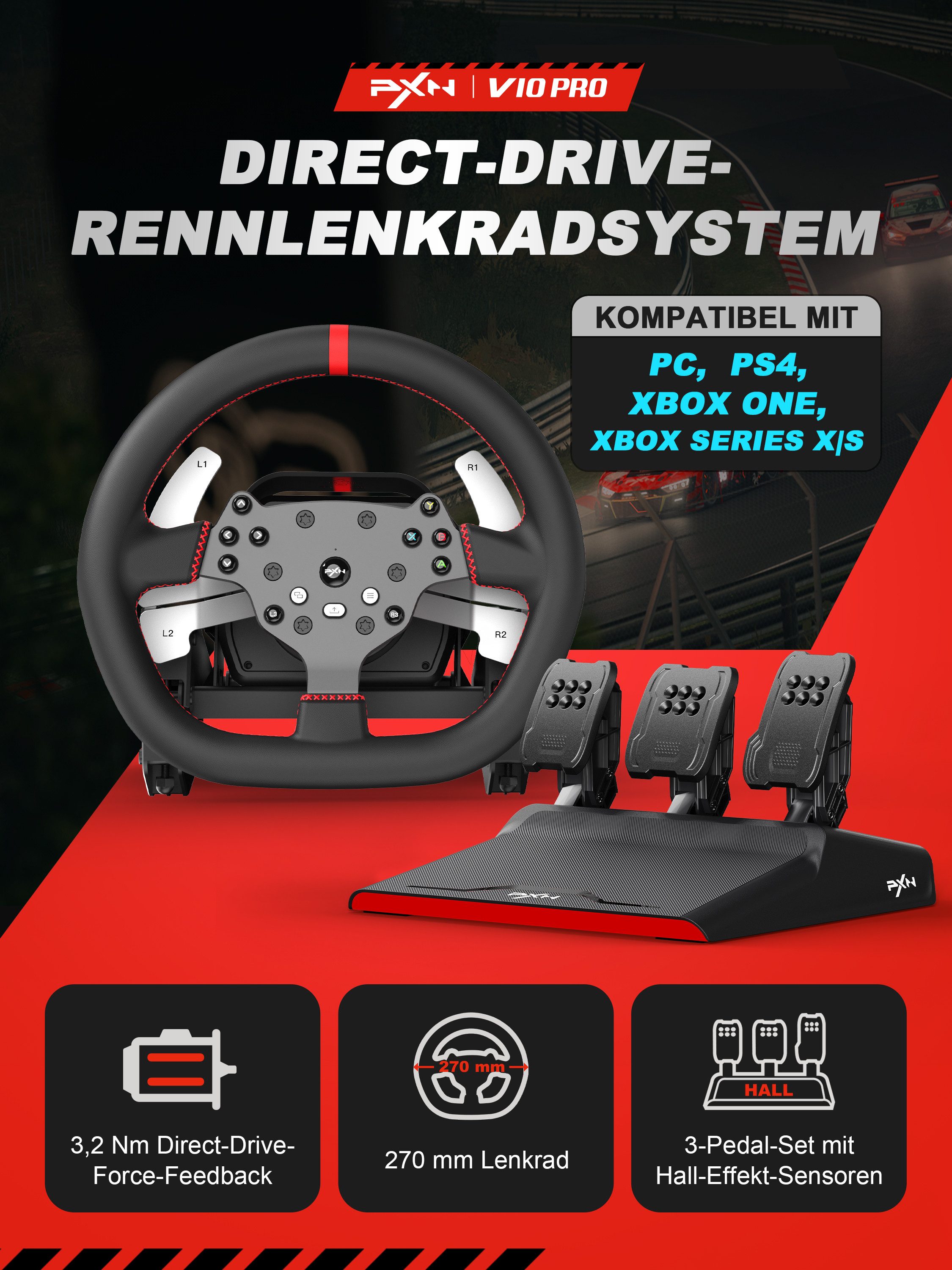 PXN V10 Pro Direct-Drive-Sim-Rennlenkrad, 3,2Nm Servo Force Feedback Gaming-Lenkrad (Hall-Pedale, 4 Schaltwippen, kompatibel mit PC, Xbox, PS4)