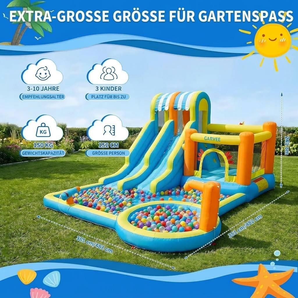 GarveeMore Hüpfburg mit Wasserrutsche482x381x241cm,10in1 Aufblasbare Hüpfburg mit Gebläse, Kletterwand, Springen, Wasserpistole, Splash Pool Basketballkorb