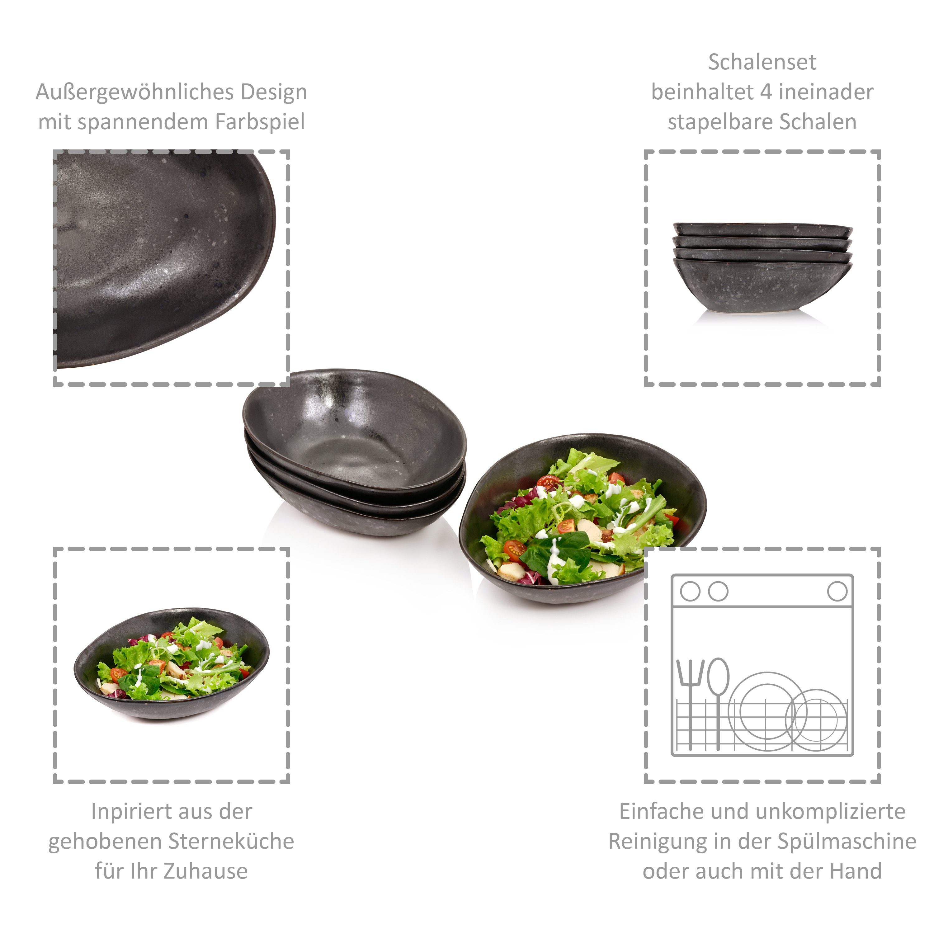 SÄNGER Steingut, (Set, Handmade 4-tlg), Tombey Salatschalen spülmaschinengeeignet, Salatschüssel Set,