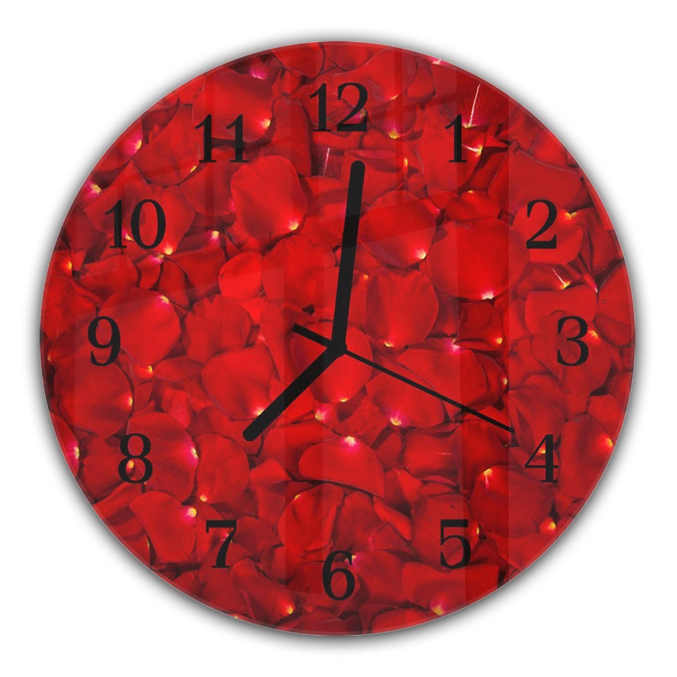 Primedeco Wanduhr Wanduhr aus Glas mit Motiv Rote Rosenblätter - Rund mit Durchmesser 30 cm und Quarzuhrwerk | Wanduhren