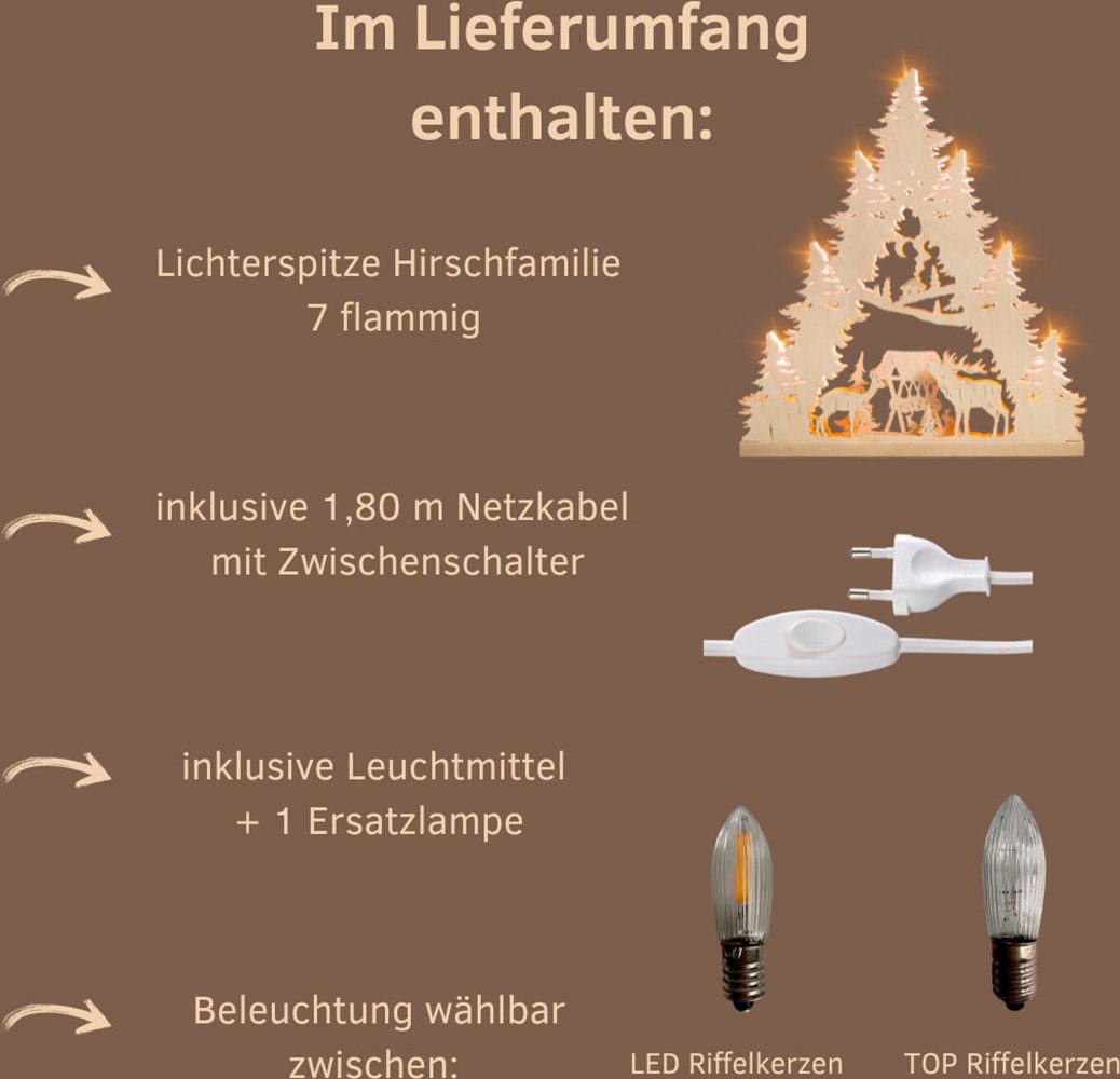 Weigla Lichterbogen Hirschfamilie, Lichterspitze aus Holz, NATUR, Made in Germany (1-tlg), Erzgebirge garantiert, Weihnachtsdeko Innen, Weihnachtsbeleuchtung