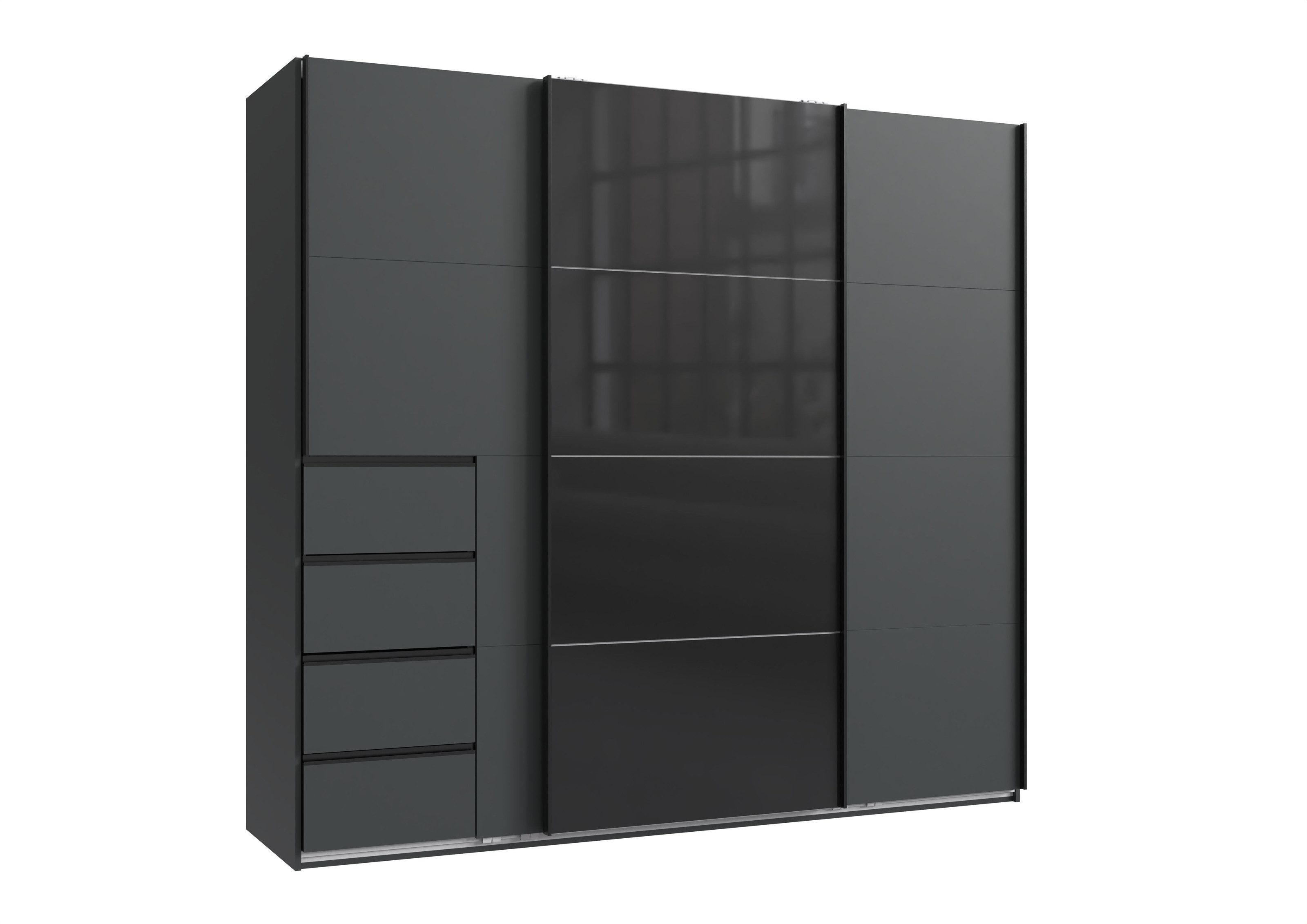 freiraum Schwebetürenschrank BALI in GRAPHIT / GLAS SCHWARZ - 225x208x64cm (BxHxT)