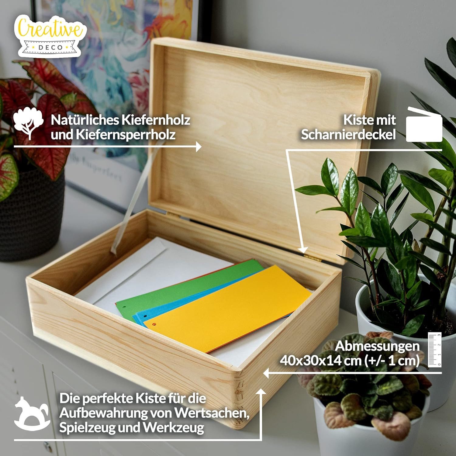 Creative Deco Holzkiste XL Große Holzkiste mit Deckel, 40x30x14 cm, Erinnerungsbox Baby, abgerundete Kanten