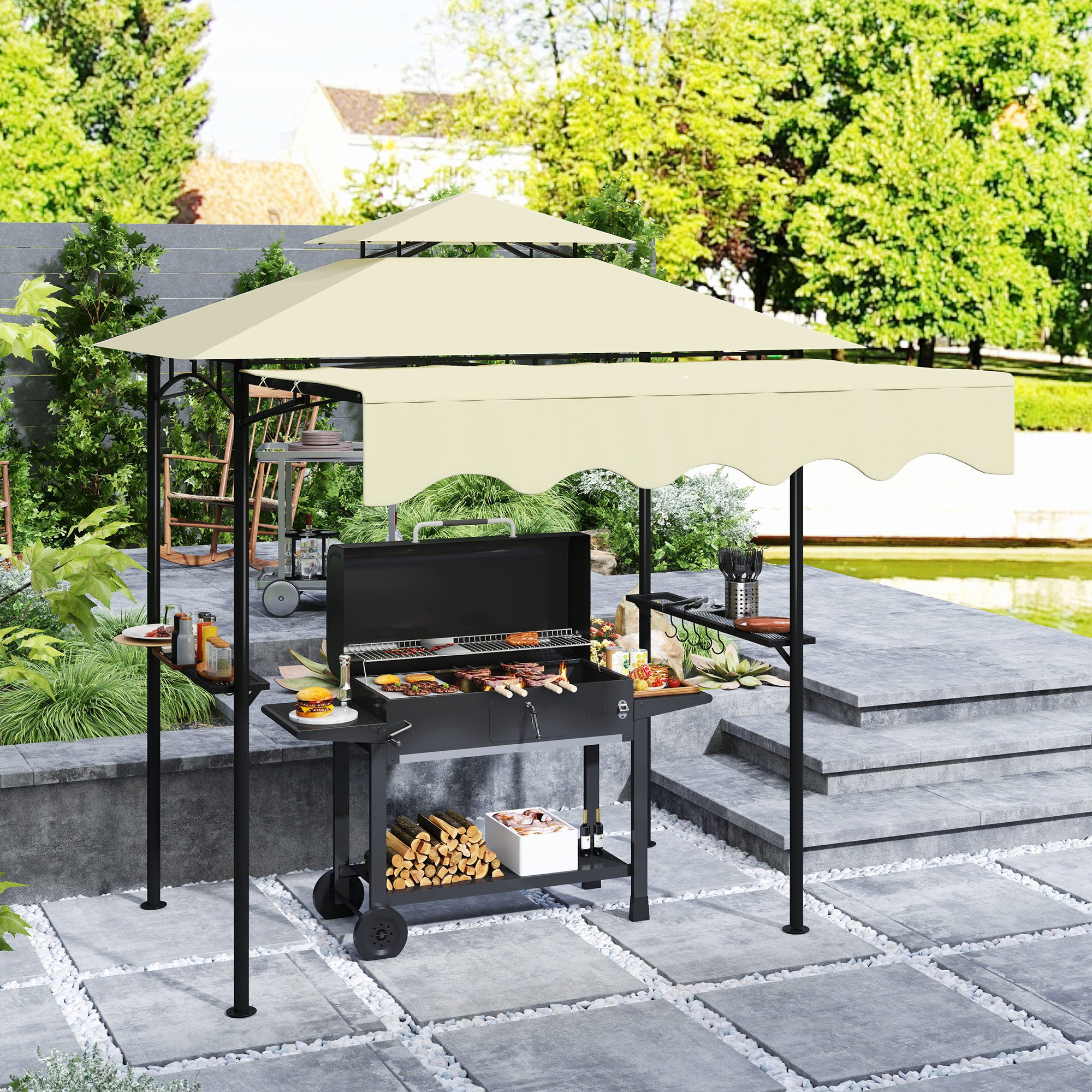 Outsunny Grillpavillon Grillpavillon wasserabweisend flammhemmend Gartenpavillon UV 30+, mit 0 Seitenteilen, (BBQ Pavillon, Gartenpavillon), für Garten Picknick BBQ Beige