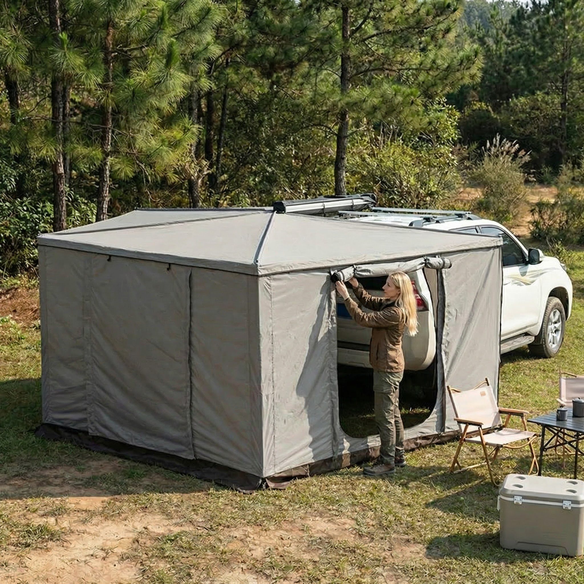 TZIpower Markisenvorzelt 270° Khaki Grau Automarkise/Zelt mit Vorzelt 200x200cm oder 250x200cm