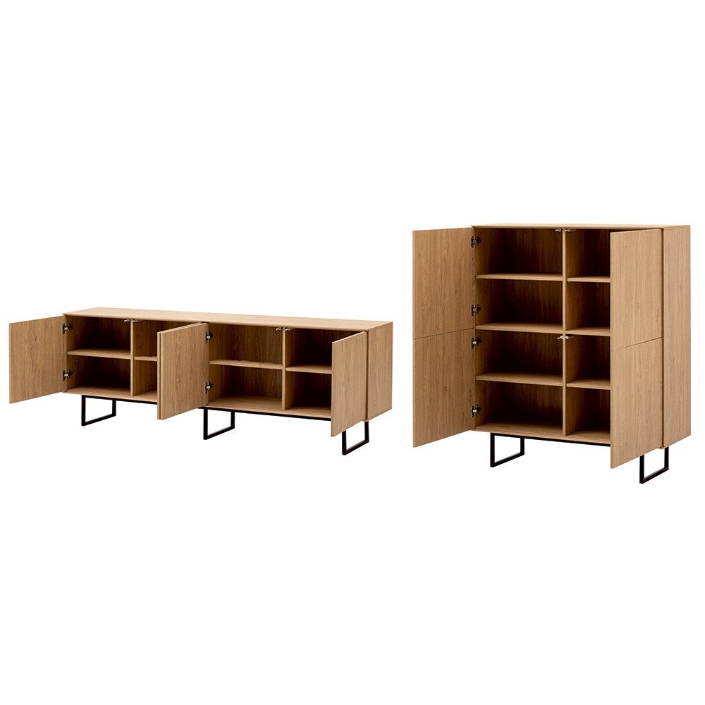 Lomadox Wohnwand KASOL-61, (2-St., Highboard Lowboard), Eiche Dekor grifflos Push-to-open Metallgestell schwarz Industrial