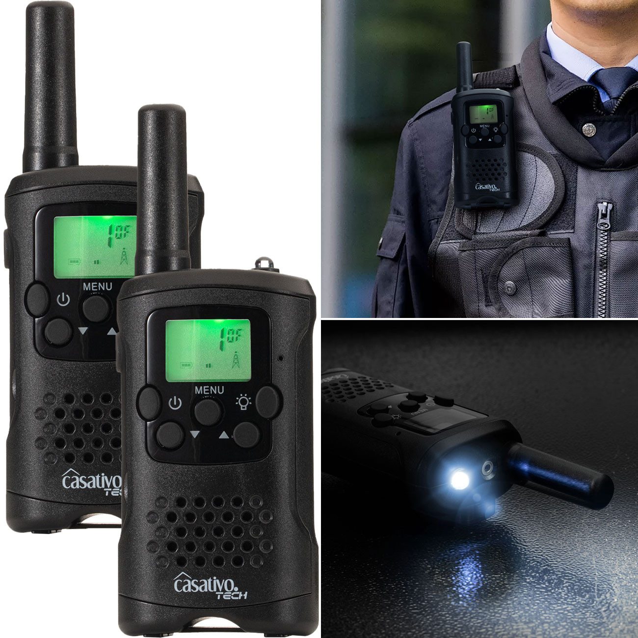 Casativo Funkgerät Walkie Talkie PMR-Funkgerät VOX&Taschenlampe 10km-Reichweite 8 Kanäle, (2-St), Sprachübertragung auf Knopfdruck (Push-to-Talk), LED-Taschenlampe