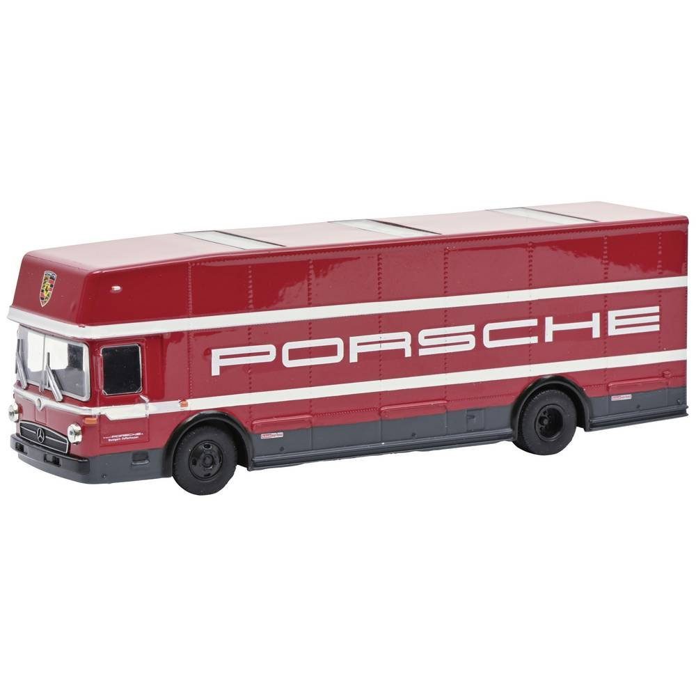 Modelleisenbahn-Straße H0 MB Renntransporter Porsche