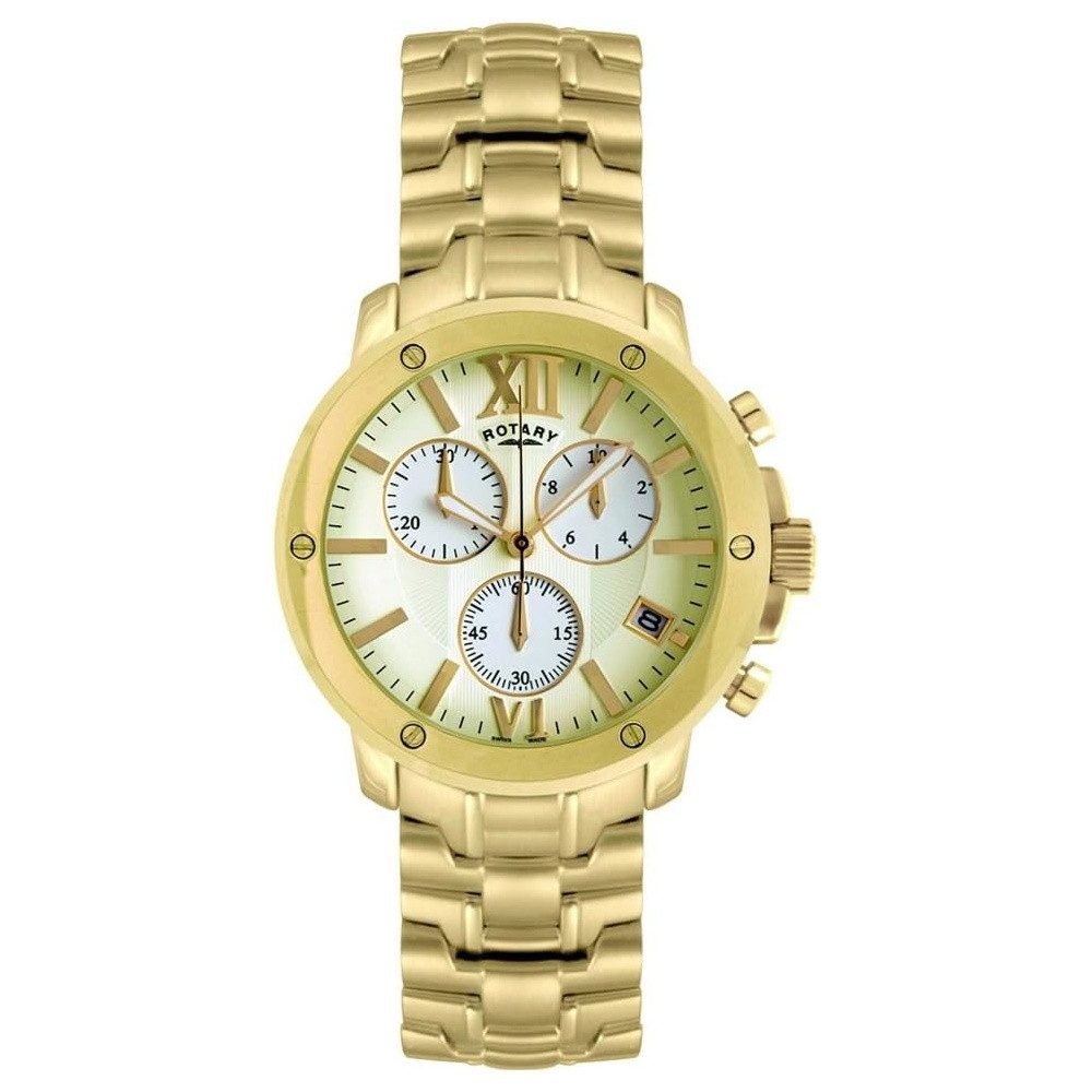 ROTARY Quarzuhr Herren Chrono Edelstahl Gold Zifferblatt römisch Datum GB02839/03, Stoppuhr, Schraubkrone durch Gehäuseflanken geschützt
