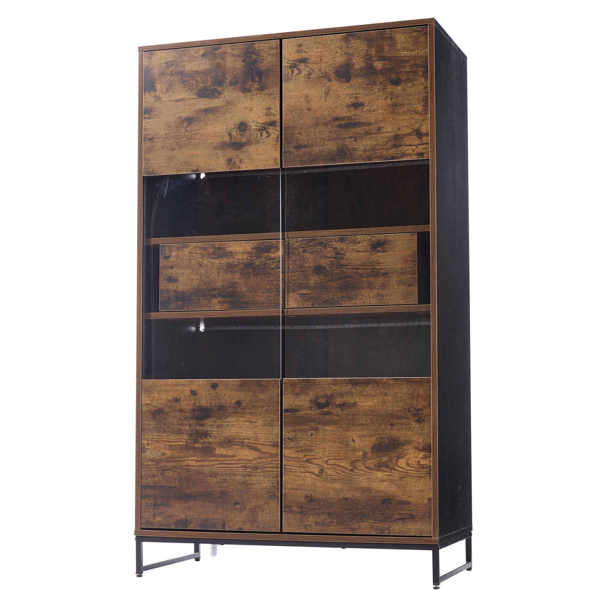 BlingBin Vitrine Vitrinenschränke Standvitrine Stauraumvitrine Hochschrank Bücherregal (Aufbewahrungsschrank mit 2 Schubladen, 2 Türen und LED-Beleuchtung, Weinschränke mit Acrylblende, 1-St., Größe: 80*40*138cm, Regaltragfähigkeit: 5kg, MDF) Bücherschrank mit Stauraum für Arbeitszimmer, Schwarz & Holzmaserung