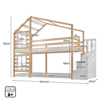Loywe Etagenbett Holzbett mit Schublade und Fenster (Baumhaus Bett, 1-St., mit Rausfallschutz und Treppe), 200 x 90cm-Bettgestell auf beiden Etagen, Natur & Weiß
