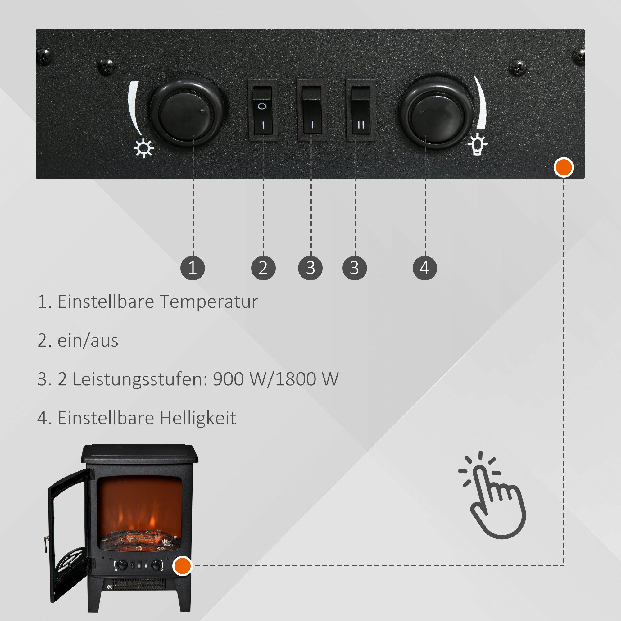 HOMCOM Elektrokamin elektrischer Kamin mit Heizung, Dekokamin, elektrisch Kaminofen, LED Elektrokamin Standkamin mit Flammeneffekt 900,1800W Schwarz – Bild 5 von 5
