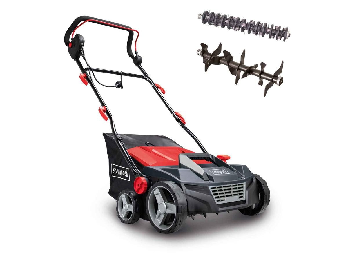 Scheppach Elektro-Vertikutierer / Lüfter SC38, 38 cm Arbeitsbreite, (Set, 3-tlg), 3-in1: Vertikutierer, Rasenlüfter und Rasenmäher, 1600 W Motorleistung