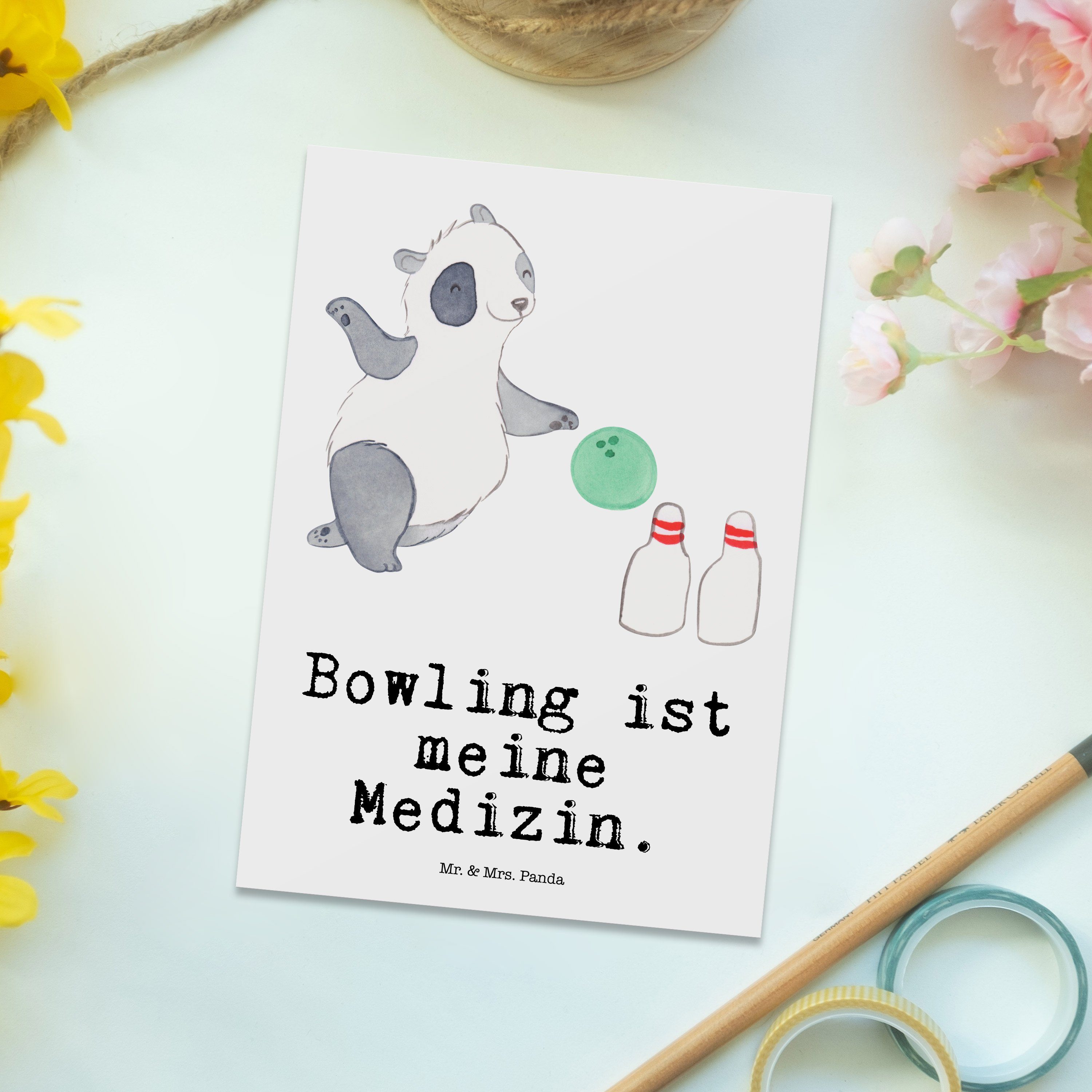 Postkarte Karte, Mrs. Medizin Panda Bowling Panda Mr. - Weiß Dankeschön, - & Sportart Geschenk,