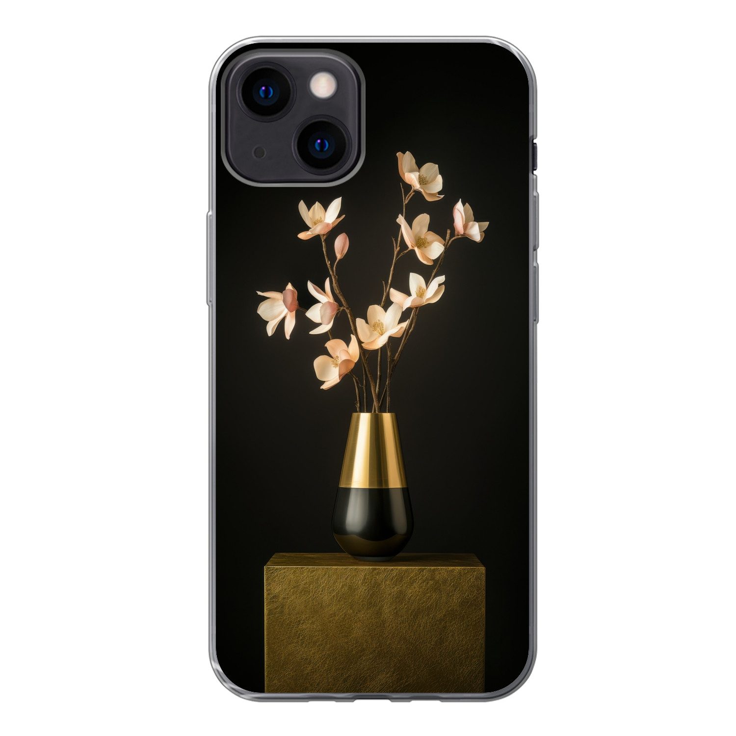 MuchoWow Handyhülle für Apple iPhone 13 Verschnörkelt - Blumenstrauß - Gold - Vase, Smartphone-Bumper, Print, Handy Schutzhülle Dünn