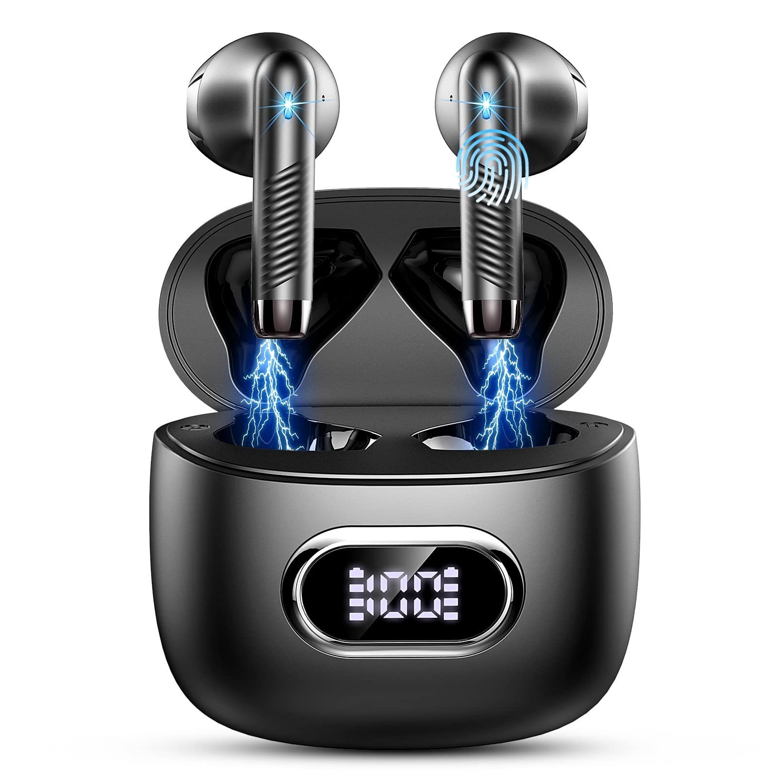 Tisoutec Kopfhörer Bluetooth In-Ear-Kopfhörer (Sprachsteuerung, True Wireless) In-Ear-Kopfhörer (Siri Voice-Assistent, LED Ladestandsanzeige, integrierte Steuerung für Anrufe und Musik, Bluetooth), IPX5 wasserdichte Ohrhörer, Kabellos Kopfhörer for Sport) Schwarz