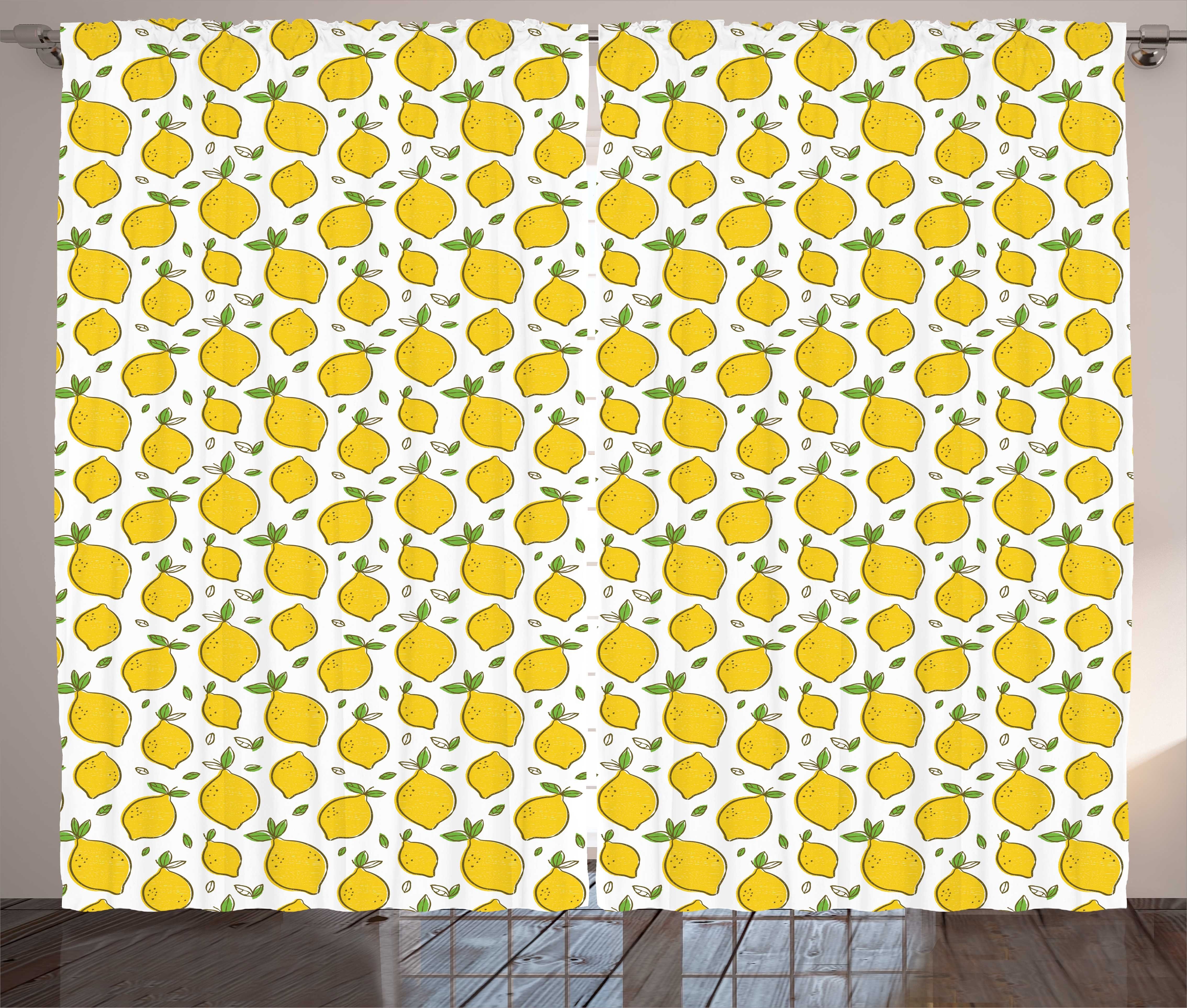 Gardine Schlafzimmer Kräuselband Vorhang mit Schlaufen und Haken, Abakuhaus, Zitronen Zitrusfrüchte Blätter Kunst