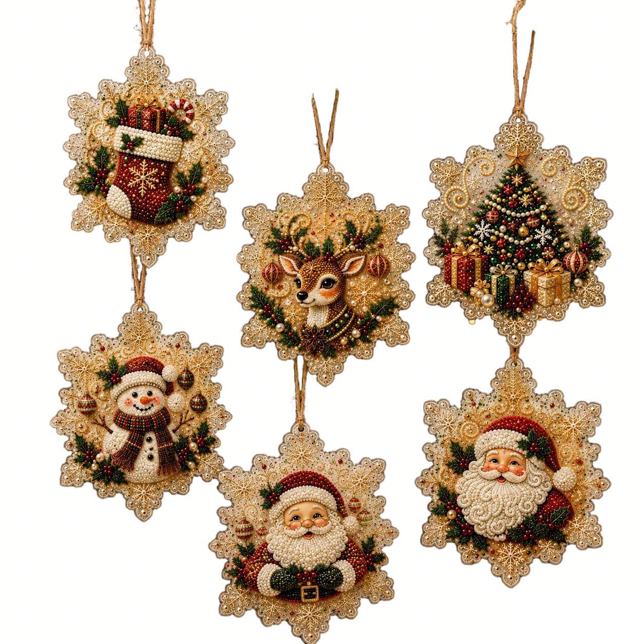 Bomiclss Kreativset 6-teiliges DIY-Set für Weihnachtsschmuck (Perlen- & Diamond-Art), Weihnachtliches Perlenbastelset mit Aufhängeschnur für Erwachsene