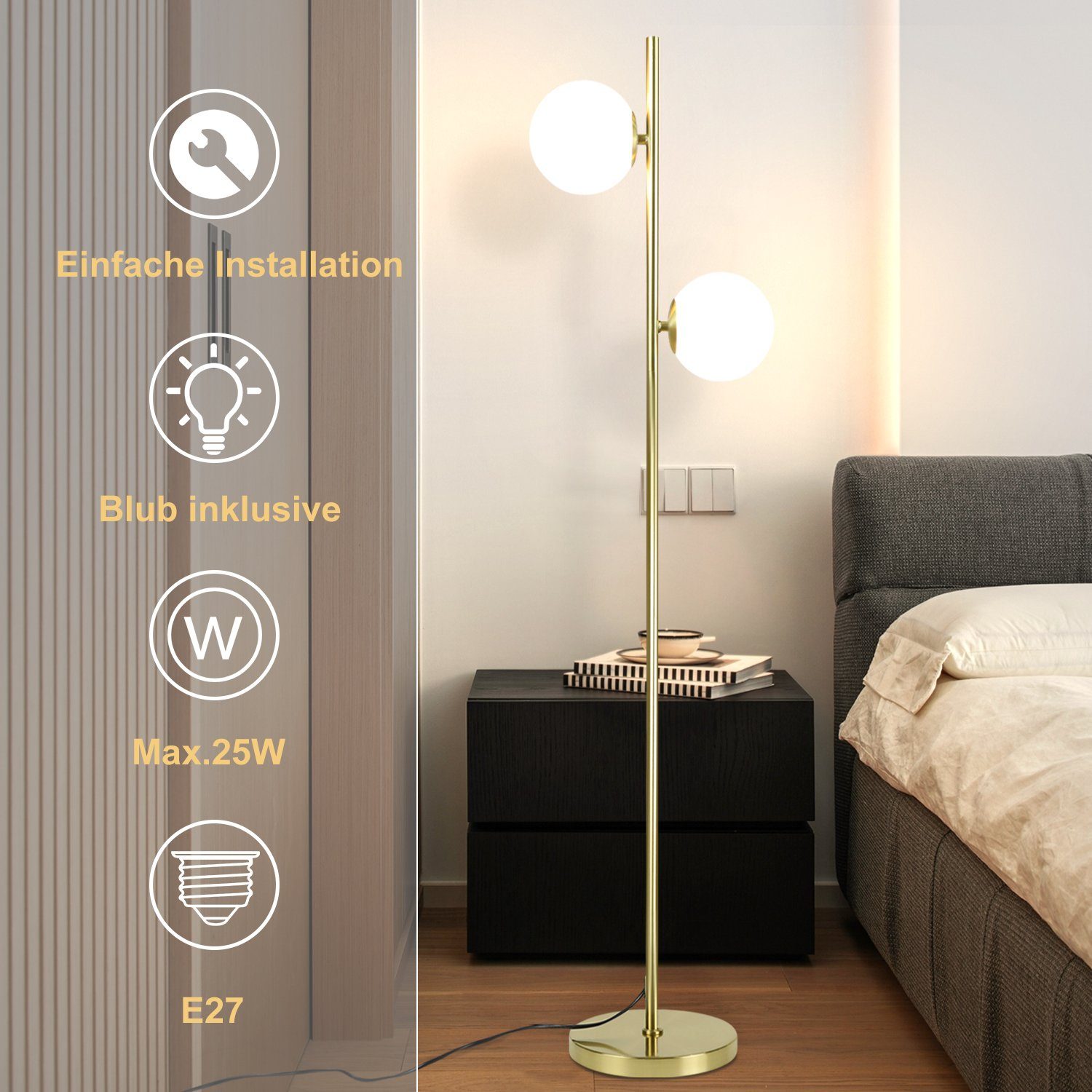 ZMH LED Stehlampe Gold 2-Flammmig Wohnzimmerlampe günstig online kaufen