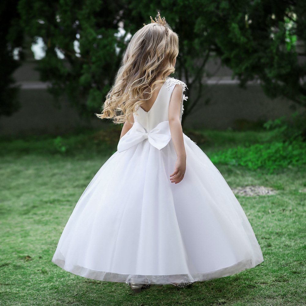 für Abendkleid Ballkleid Mädchen, Blumenbesticktes Tüllkleid Weiß LAPA