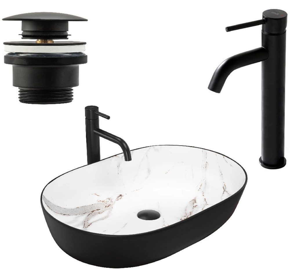 wohnwerk.idee Aufsatzwaschbecken Waschbecken Marmor Optik Schwarz Matt 60,5x41cm