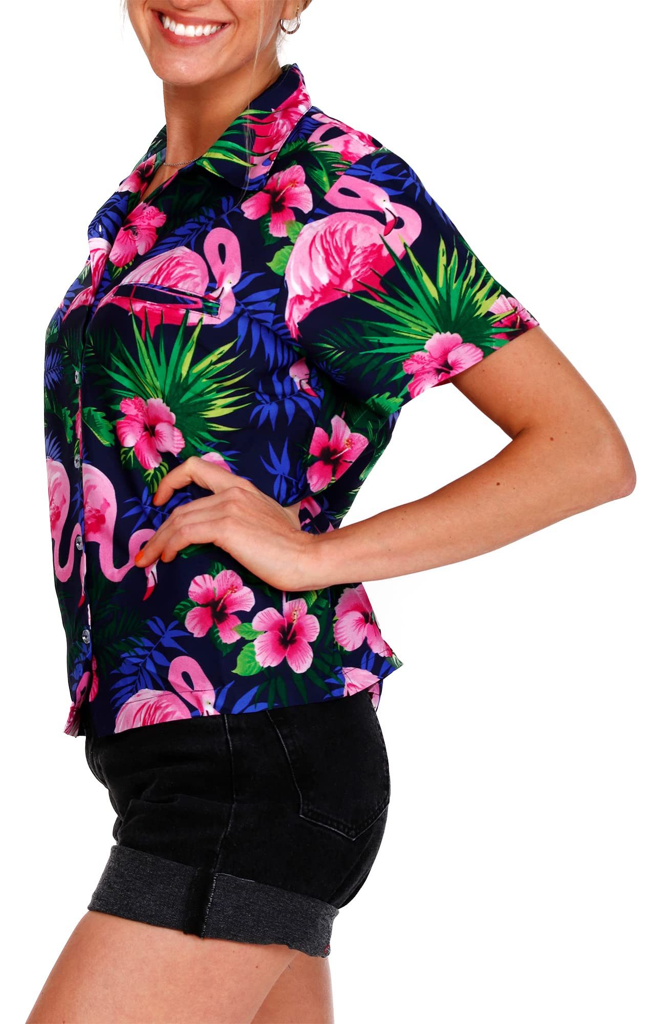 King Kameha Hawaiihemd Flamingo Flowers Funky Hawaiibluse Damen Kurzarm Front-Tasche Stylish