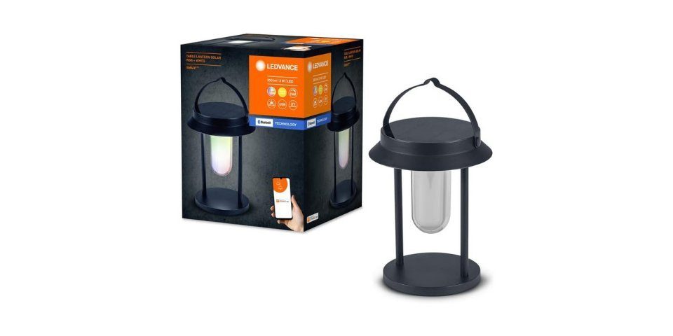 Ledvance LED Tischleuchte SMART+ Outdoor Bluetooth Solar-Tischleuchte Warmweiß Dimmbar, LED fest integriert, Weißlicht (3000K) + Farblicht, IP44, wiederaufladbar, 5 Stunden Brenndauer