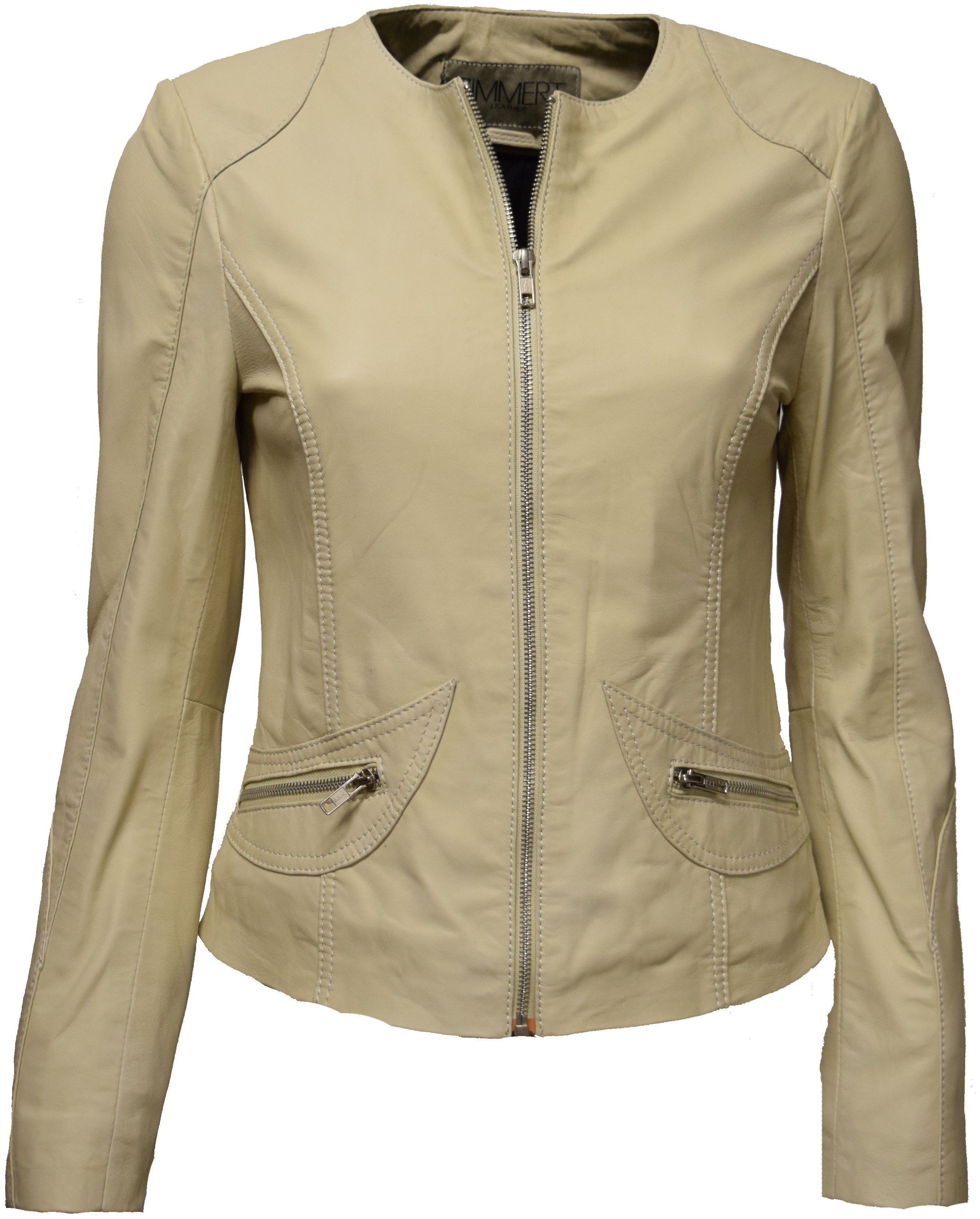 Zimmert Leather Lederjacke Bea (1-St) kragenlos, Beige, leicht, washed, Lammnappa Leder