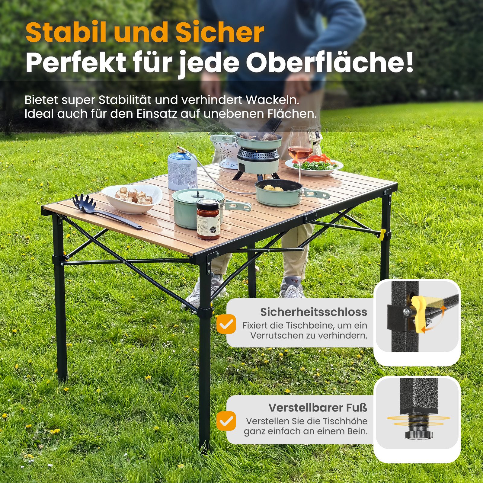 HOMECALL Klapptisch Campingtisch Klappbar Balkontisch Gartentisch Tragbar Outdoor Tisch (Aluminum Roll Up Tabletop, höhenverstellbares Bein, bis 100kg), Robust, – Bild 4 von 5