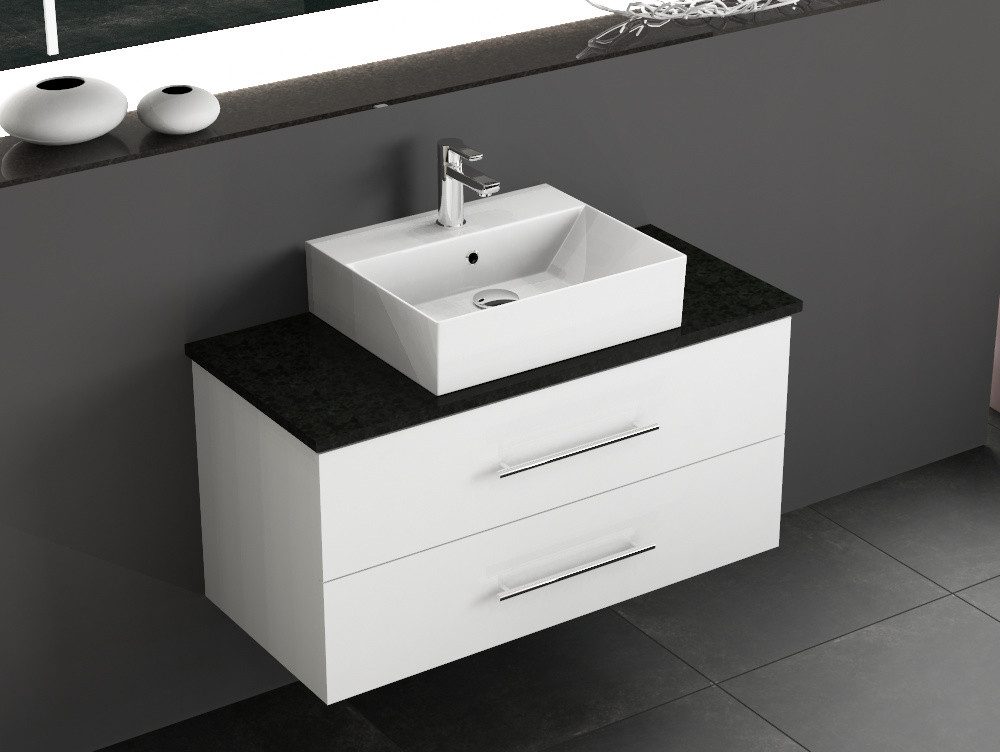 Aqua Bagno Badmöbel-Set Badmöbel-Set 100 cm Weiß Hochglanz mit Keramikbecken & Steinplatte, (3-St), einfache Montage