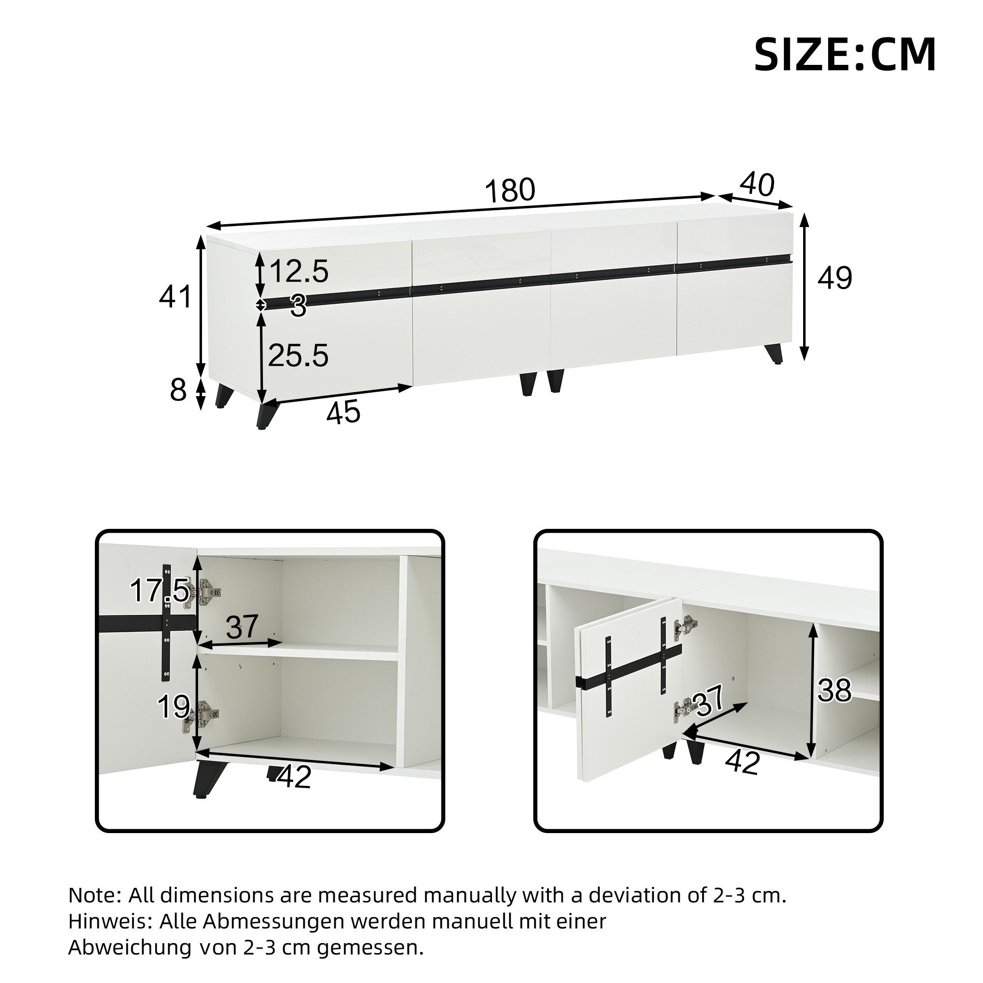KLAM HOME Lowboard Hochglanz TV-Schrank Lowboard 180cm mit 4 Schränken (Stabiles Wohnzimmermöbel mit verstellbaren Trennwänden), Moderner Fernsehschrank für bis – Bild 3 von 5
