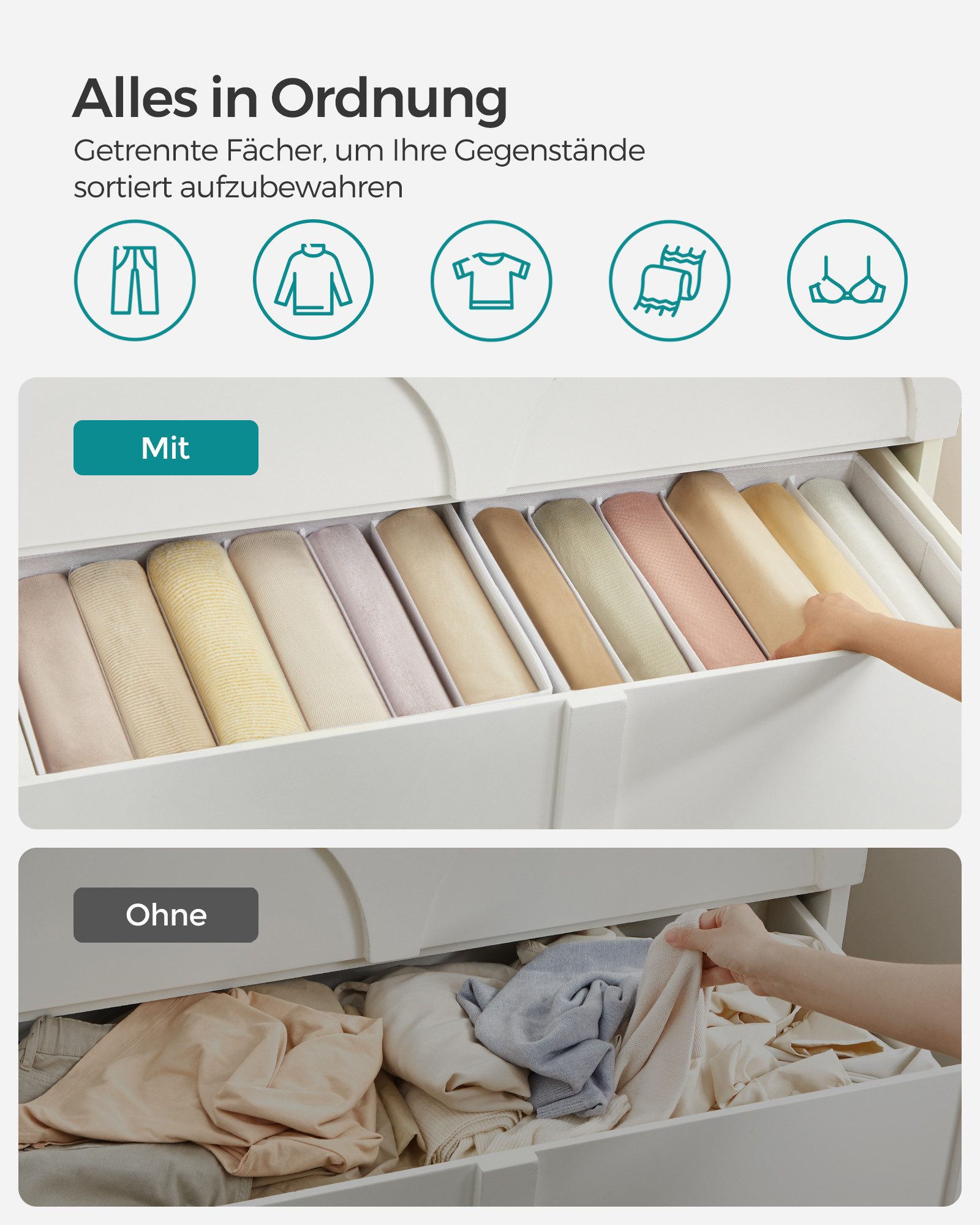 SONGMICS Aufbewahrungsbox Kleiderschrank-Organizer, 42 x 30 x 17 cm, für Hosen, Kleidung (2 St), 6 Fächer, Schubladen-Ordnungssystem, Ordnungsboxen faltbar