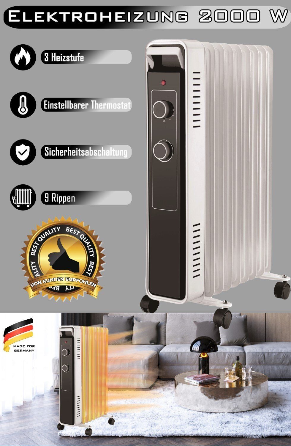 Trendmax Heizgerät Elektroheizung 2000 W mit 3 Heizstufen und einstellbarem Thermostat, 2000 W