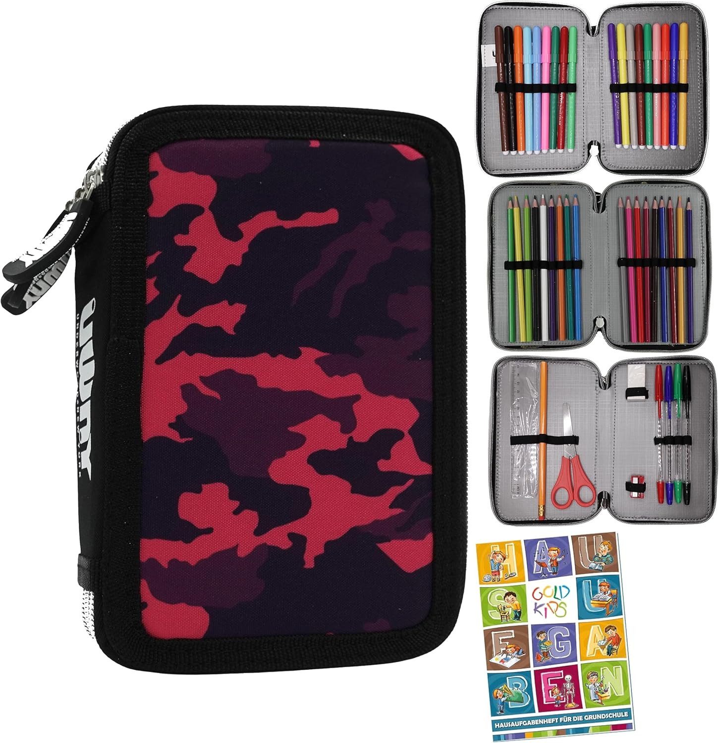 GOLDKIDS Federmäppchen Federtasche Federmappe Federmäppchen XXL Schüleretui, (Federtasche Federpenal Schulmäppchen, 1-tlg., Underwood New York Military Moro), rosa 3 Fächer 45-teilig gefüllt inkl Hausaufgabenheft