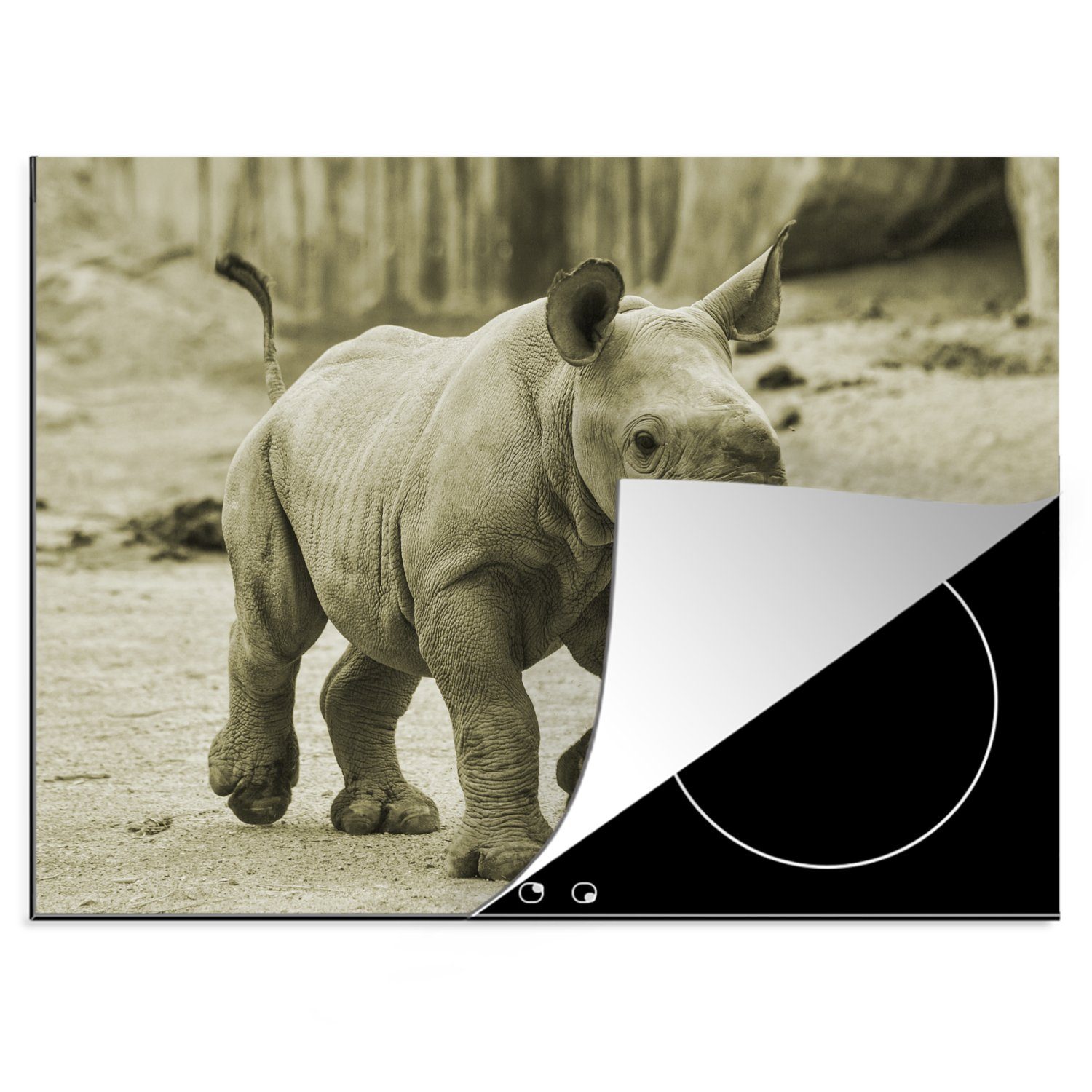 MuchoWow Herdblende-/Abdeckplatte Rhinozeros - 70x52 Ceranfeldabdeckung cm, nutzbar, tlg), Kalb, Mobile (1 Arbeitsfläche Vinyl
