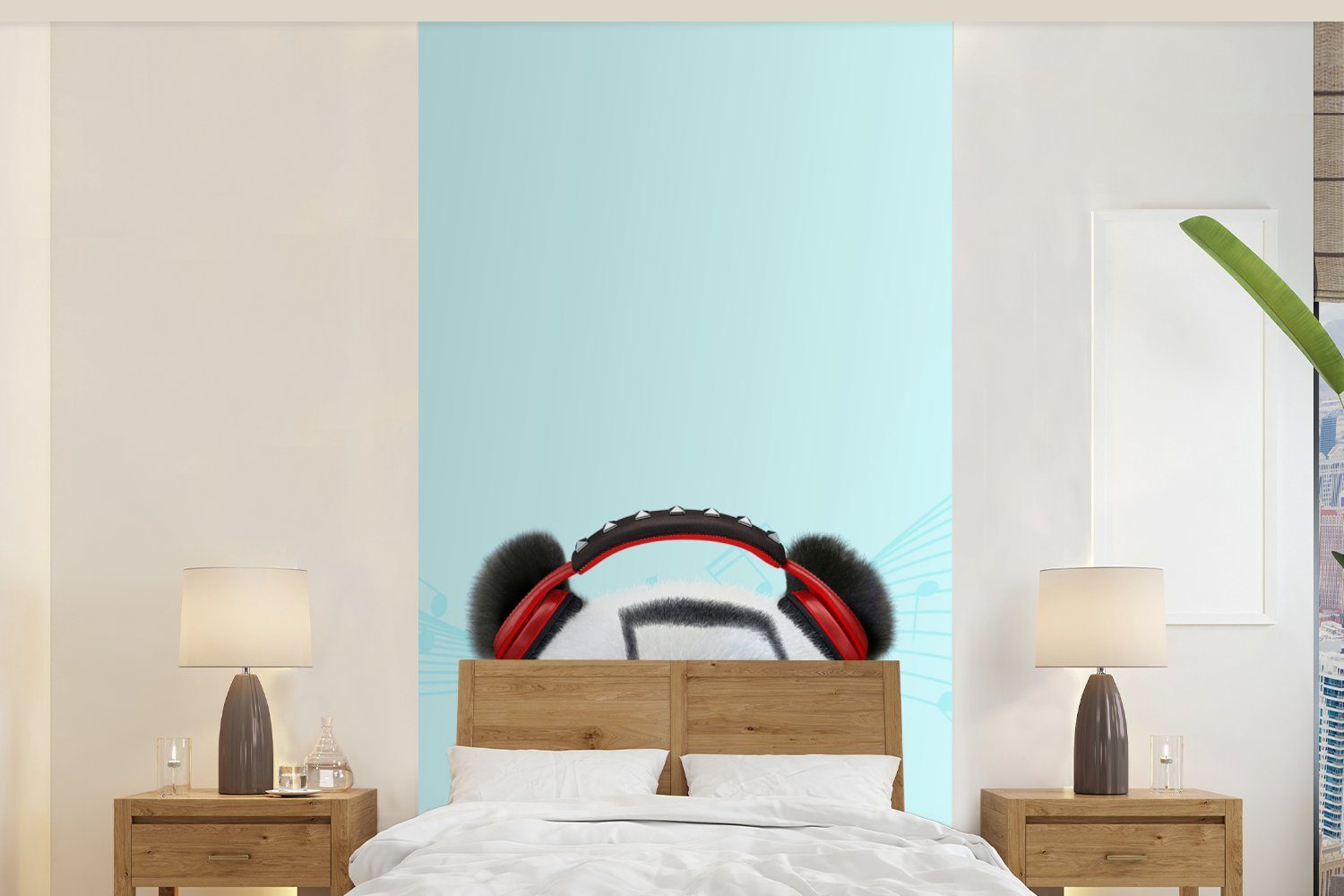 MuchoWow Fototapete Panda - Kopfhörer - Tier - Musiknoten - Rot, Matt, bedruckt, (2 St), Vliestapete für Wohnzimmer Schlafzimmer Küche, Fototapete