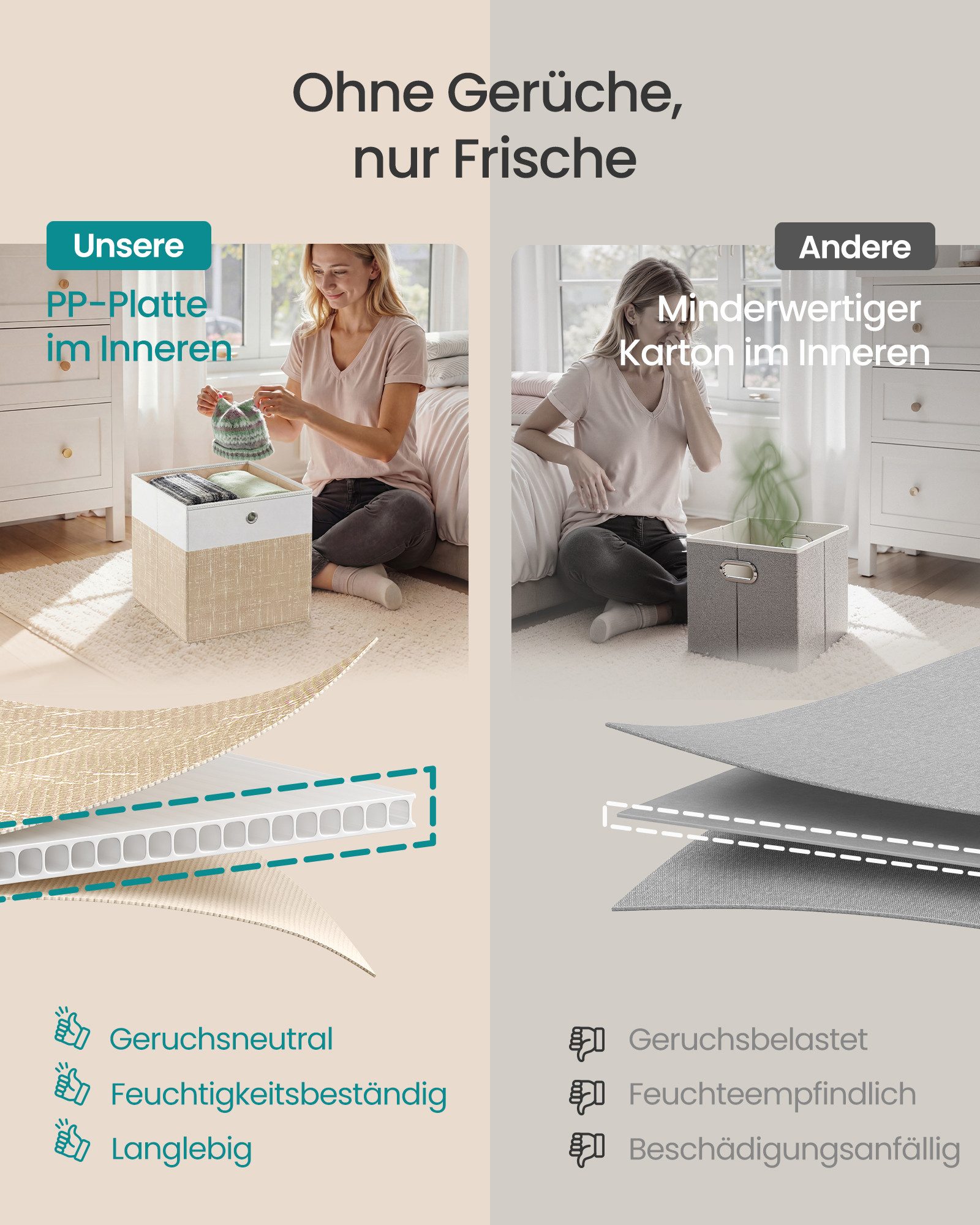 SONGMICS Aufbewahrungsbox Aufbewahrungskorb, Ordnungsboxen, Faltbox, Stoffbox für Würfelregal (6 St), mit PP-Platten, geruchsneutral, 30 x 30 x 30 cm, wolkenwei – Bild 4 von 5
