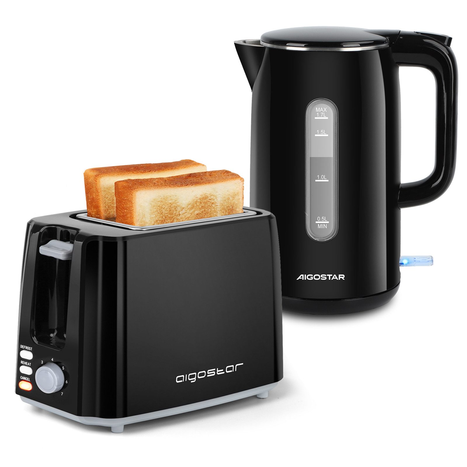 Aigostar Frühstücks-Set Doppelwandiger Елктрочайники aus Edelstahl 1,7L/ 2-Scheiben Тостеры, 4 Minuten Schnell auf 100°C, BPA Frei, automatic pop-up