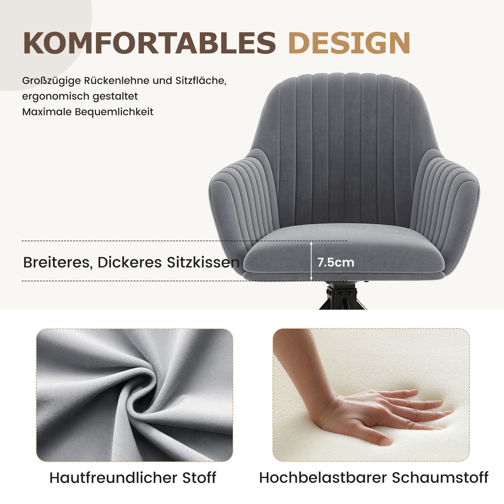 HawthyHome Esszimmerstuhl 2er Set mit Armlehne & Metallbeinen, Samt Polsterstuhl, 360° Drehbar (2 St), 360° Drehbar, Höheneinstellbar – Bild 4 von 5