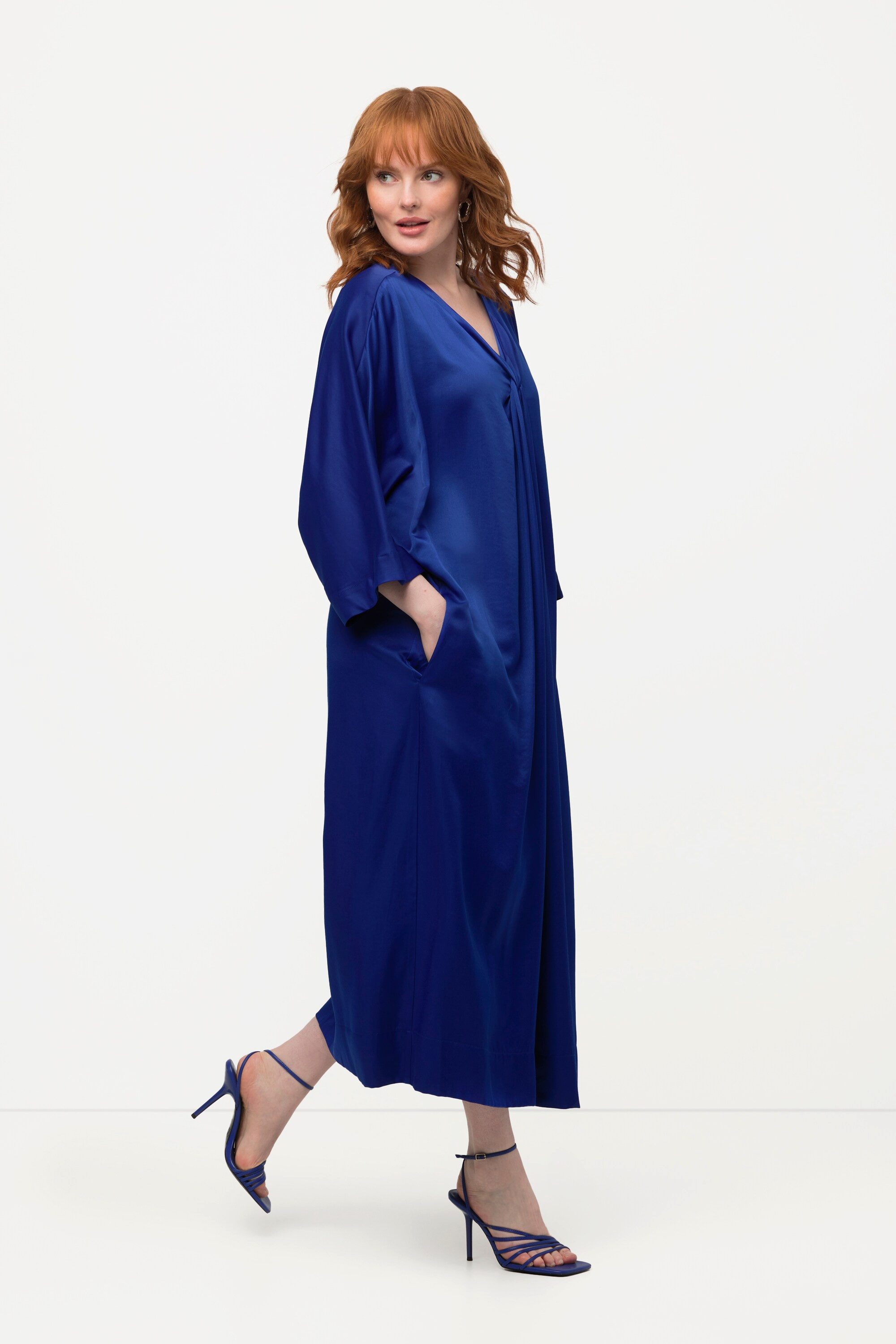 Maxikleid Midikleid Satin V-Ausschnitt Halbarm Taschen