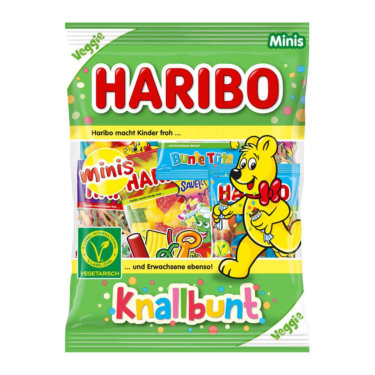 HARIBO Süßigkeit, Haribo knallbunt minis veggie Fruchtgummipäckchen gemischt 230g