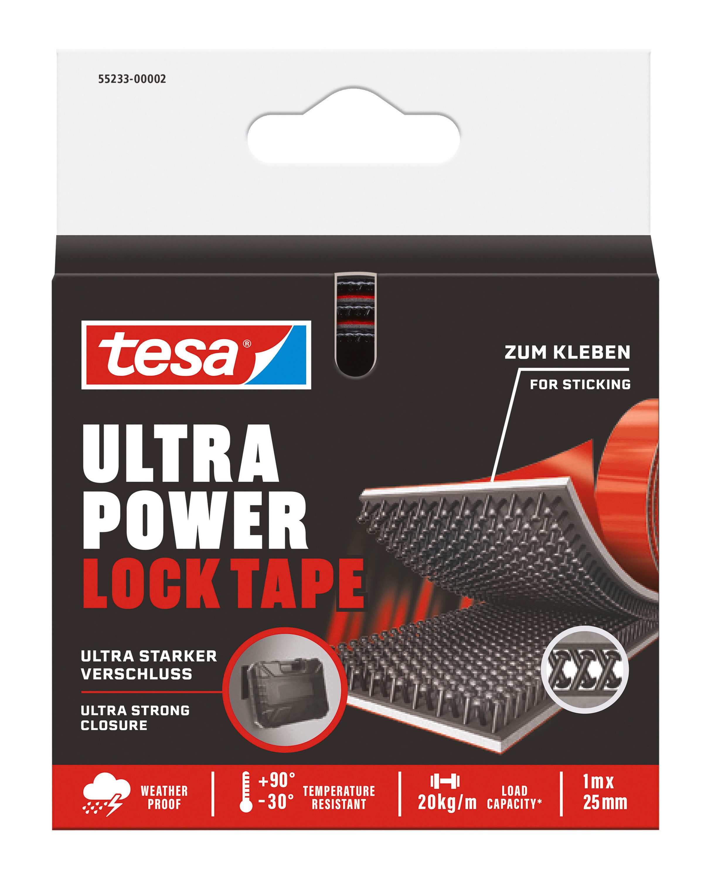 tesa Klett-Klebeband Ultra Power Lock Tape, extra starkes selbstklebendes Klettband (Packung, 1-St., Band mit Klettverschluss (1 x 25 mm), mit bis zu 20 kg/m belastbar) wetterbeständig, temperaturresistent, geeignet für innen und außen
