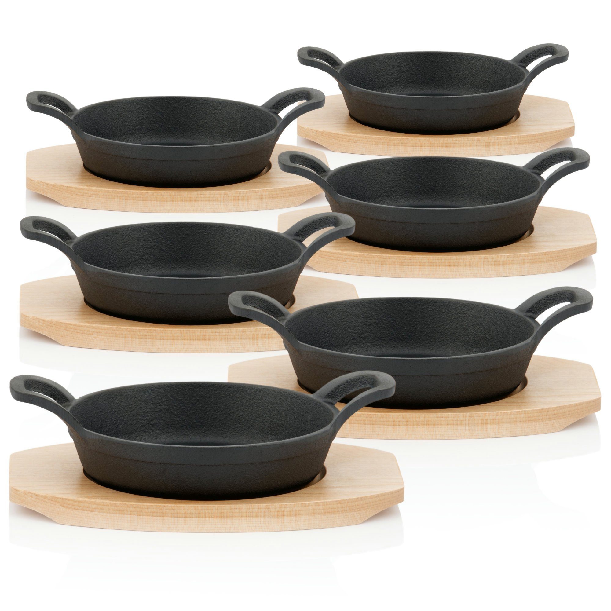 BBQ-Toro Servierpfanne Gusseisen Servierpfännchen mit Holzunterlage (6 Stück), Ø 16cm, Gusseisen