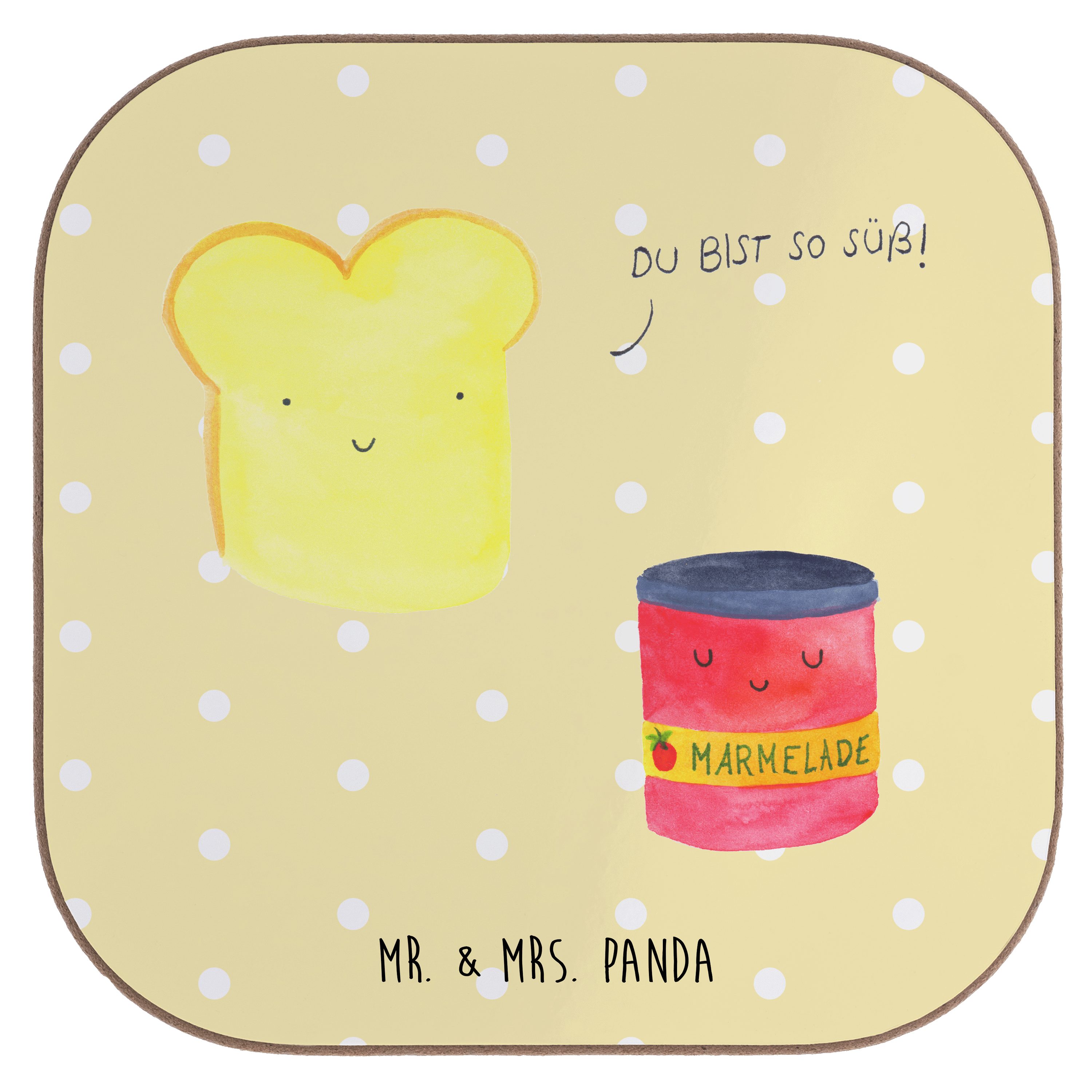 Mr. & Mrs. Panda Getränkeuntersetzer Toast & Marmelade - Gelb Pastell - Geschenk, süß, Gute Laune, lustige, 1-tlg.
