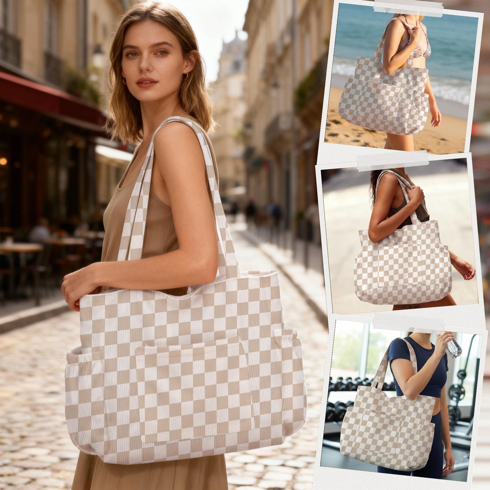 nsihing Umhängetasche Cord Tasche Damen, Groß Tote Bag Strandtasche mit Reißverschluss, Shopper Tasche, Elegant Handtasche für Arbeit Schule Gym – Bild 2 von 5