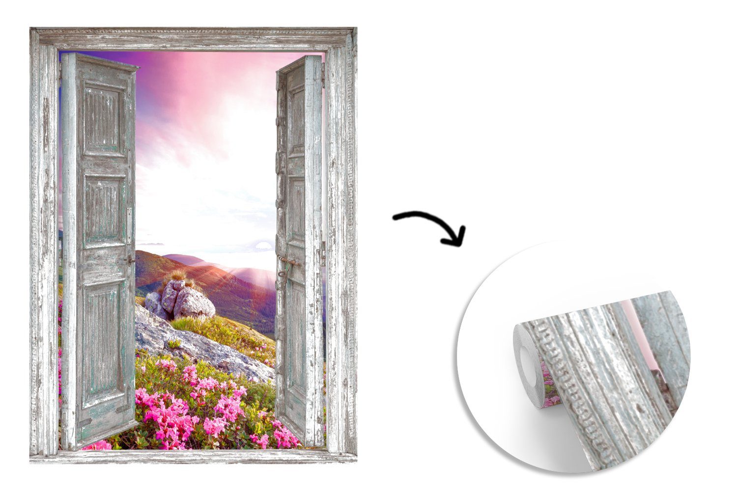 Wohnzimmer, Aussicht Matt, für Fototapete - Wandtapete Berge (4 MuchoWow Landschaft bedruckt, Vinyl Montagefertig St), - Tapete - Blumen,