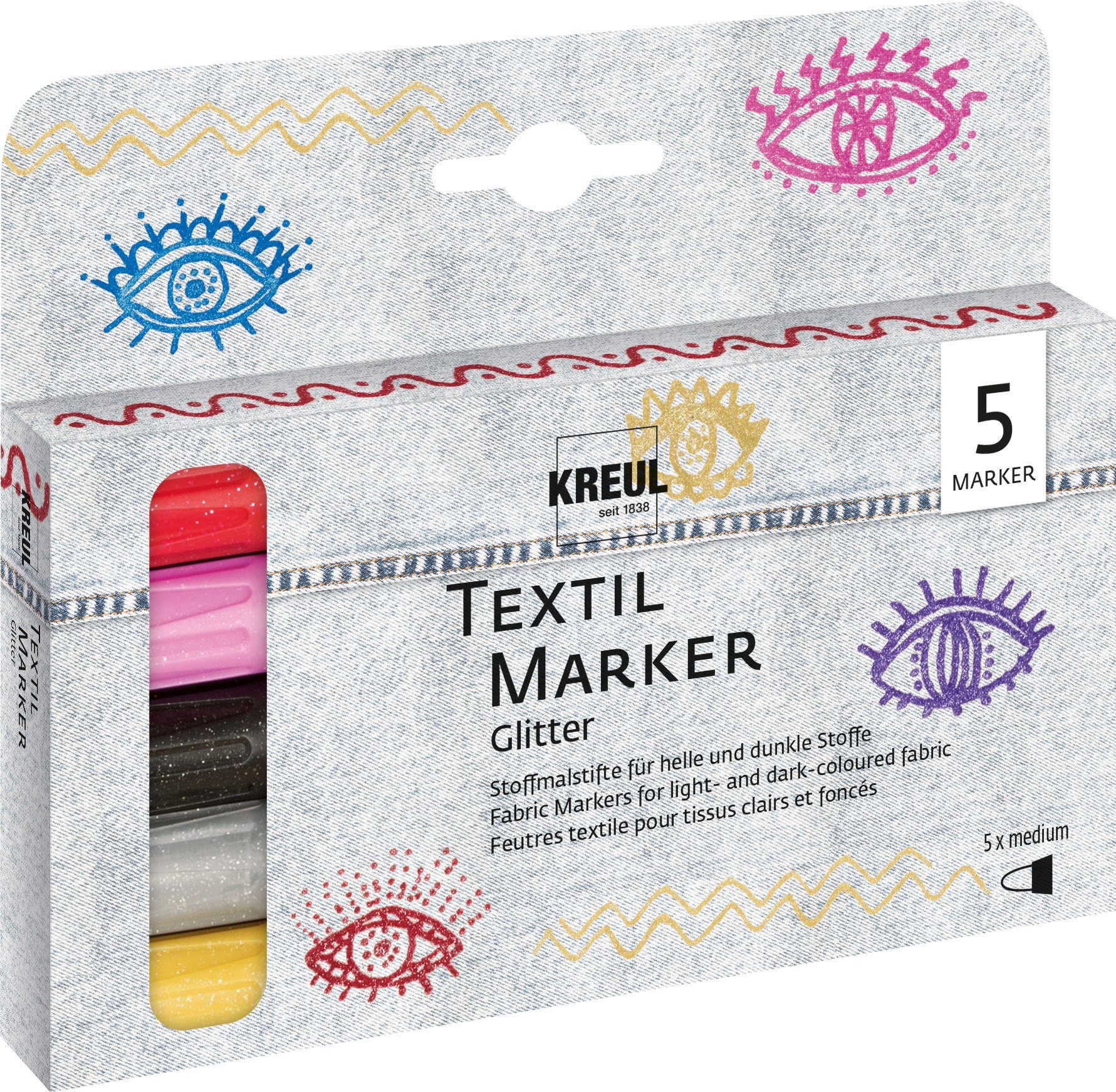 Kreul Textilmarker Medium Glitter, 5 Stück